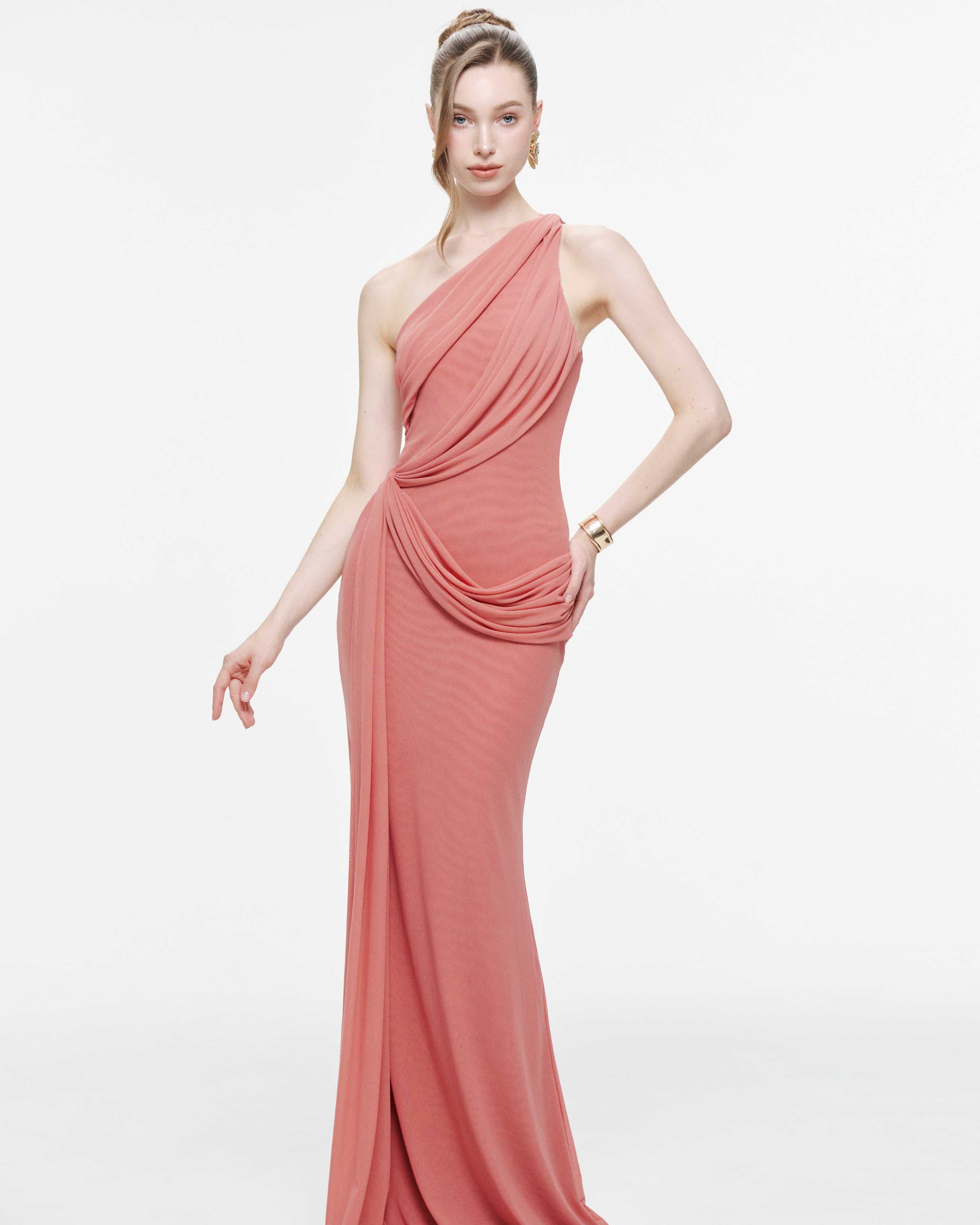 One-Shoulder Draped Mesh Dress