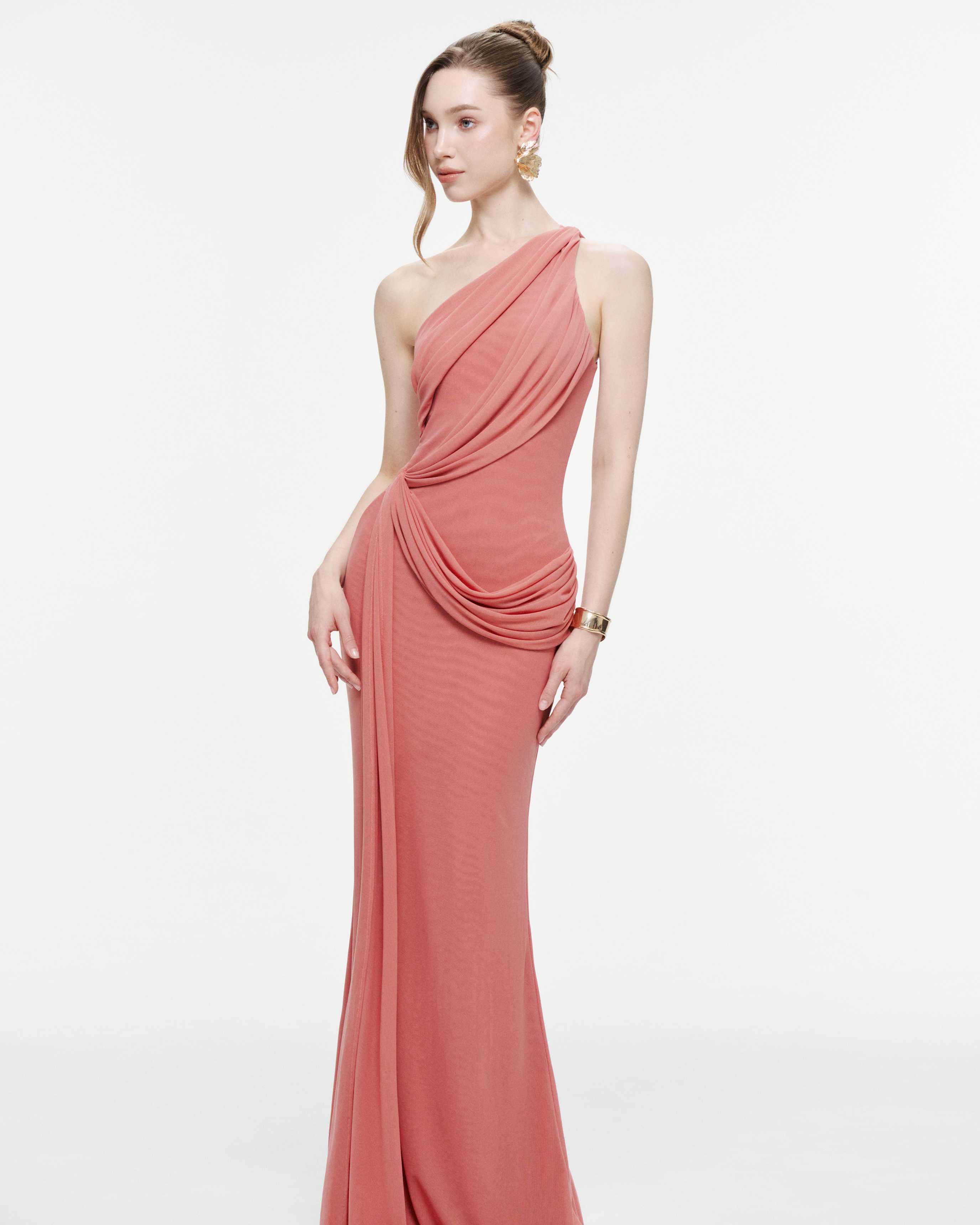 One-Shoulder Draped Mesh Dress