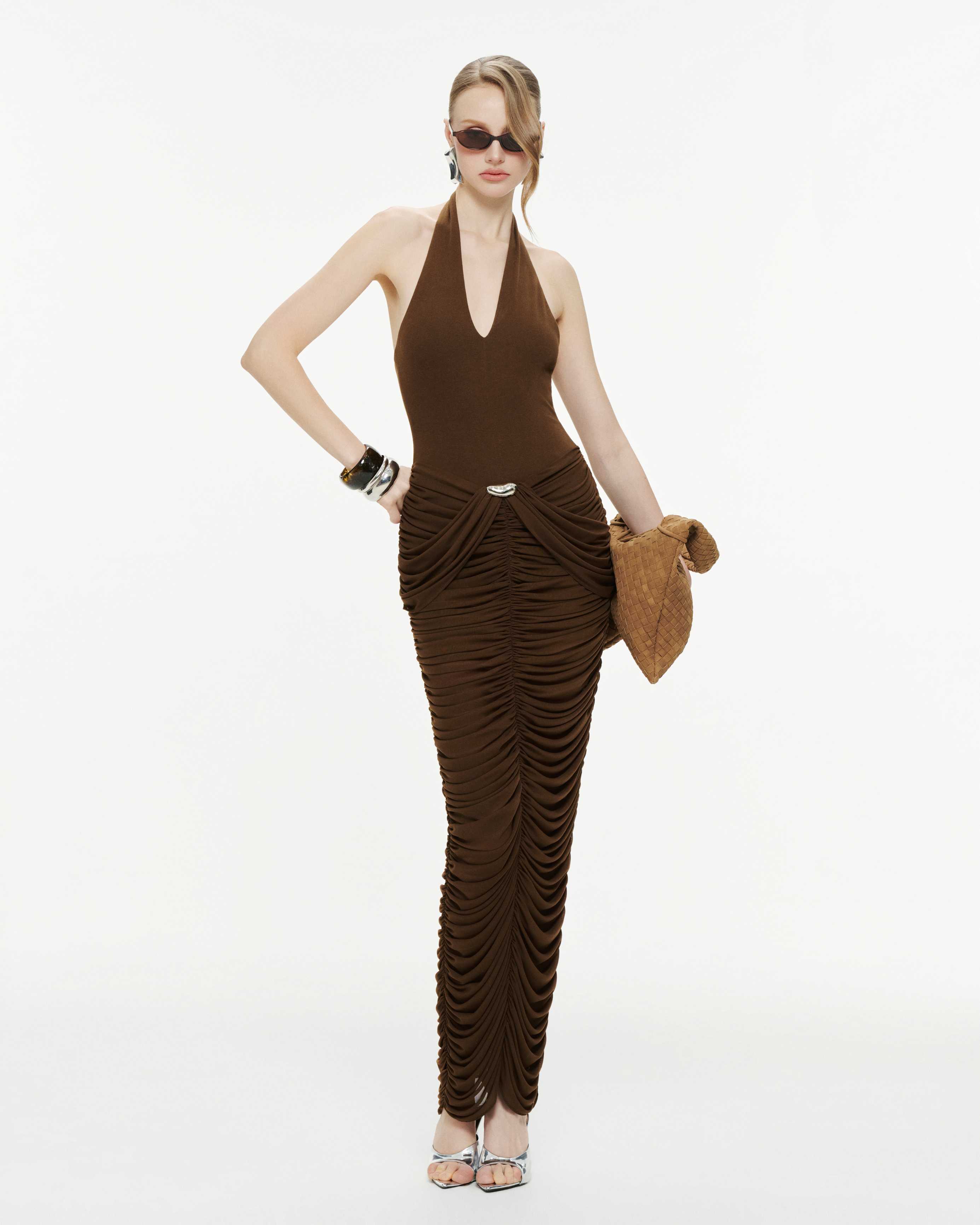 Deep V-neck Jersey Dress With Ruched Mesh Draping