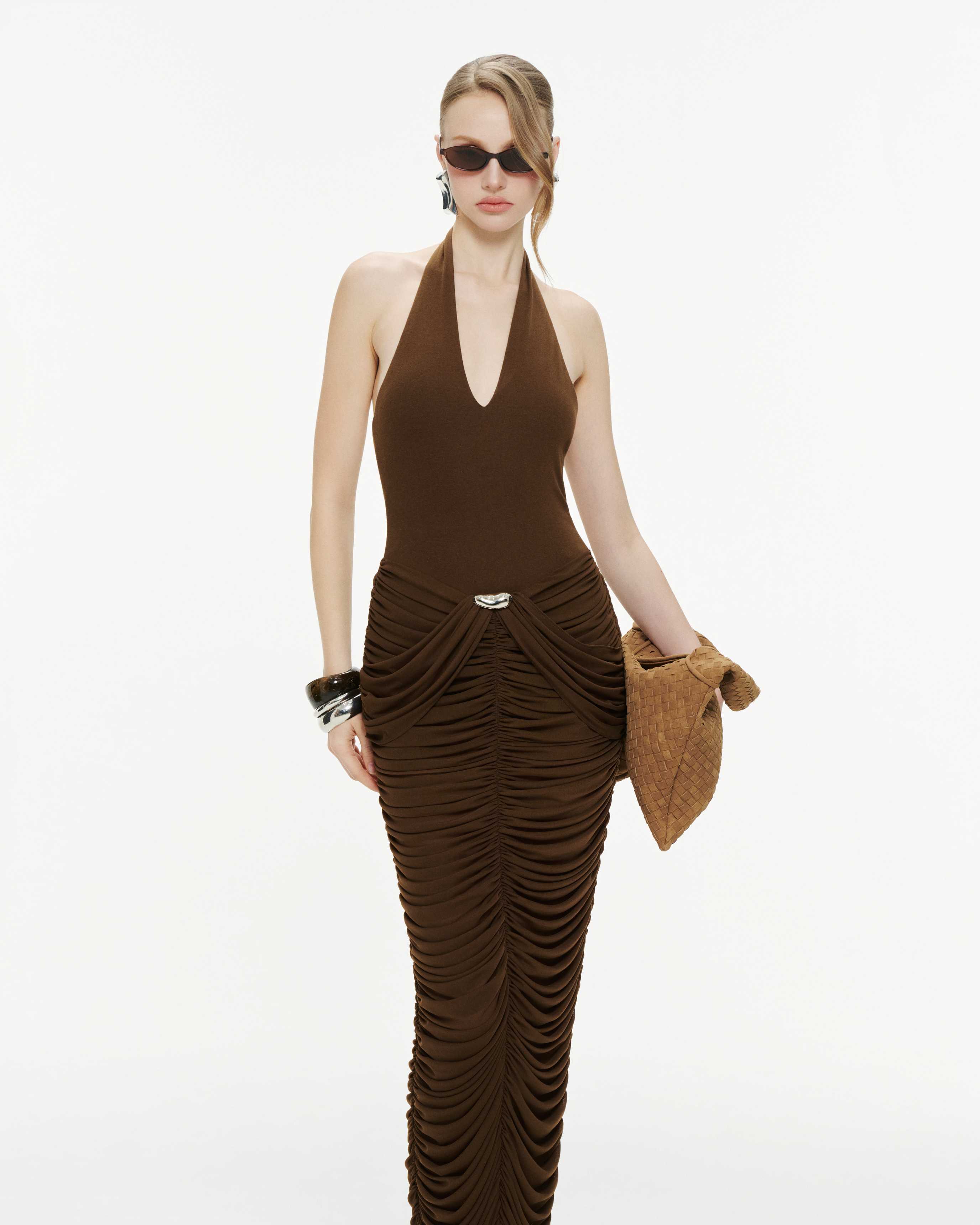 Deep V-neck Jersey Dress With Ruched Mesh Draping