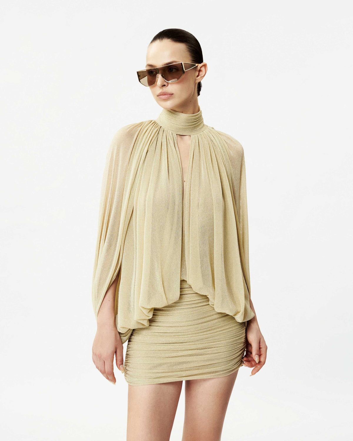 Glitter Mesh V-Neck Cape-Sleeve Dress