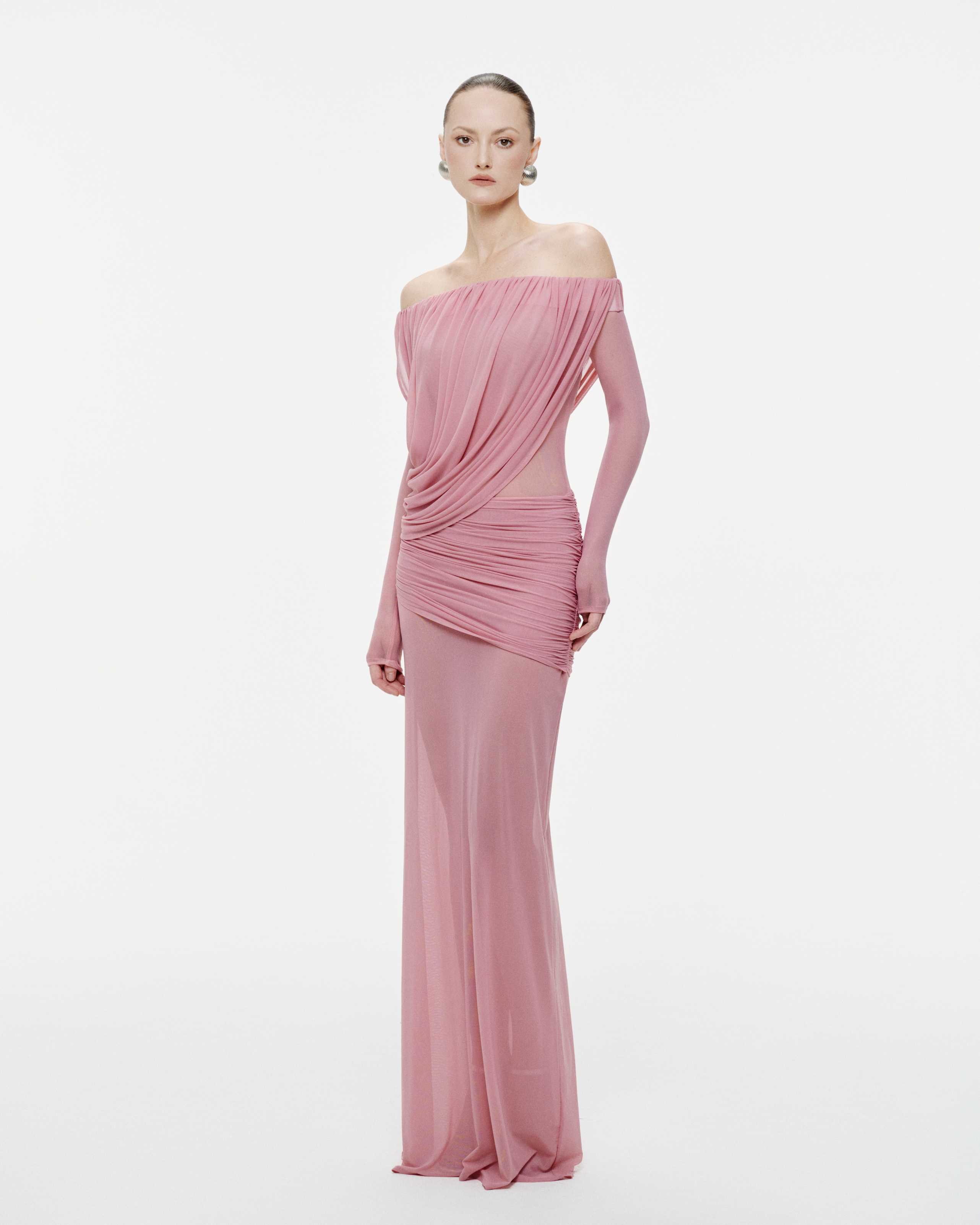 Off-Shoulder Draped Mesh Dress