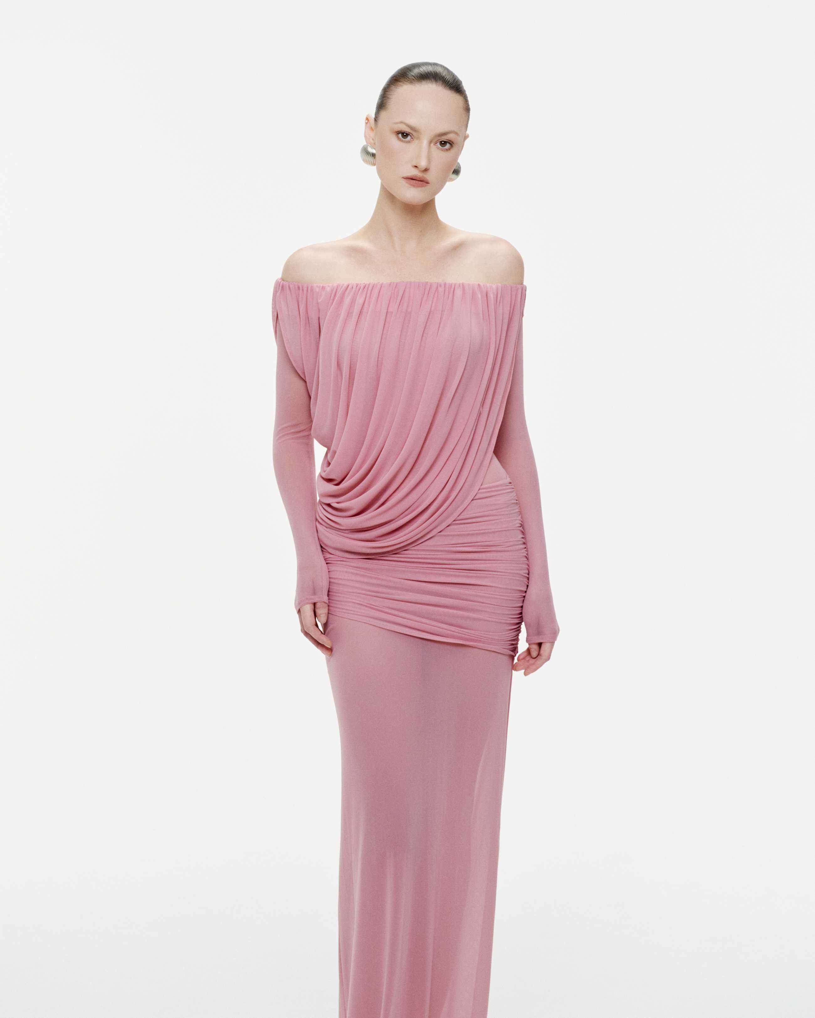 Off-Shoulder Draped Mesh Dress