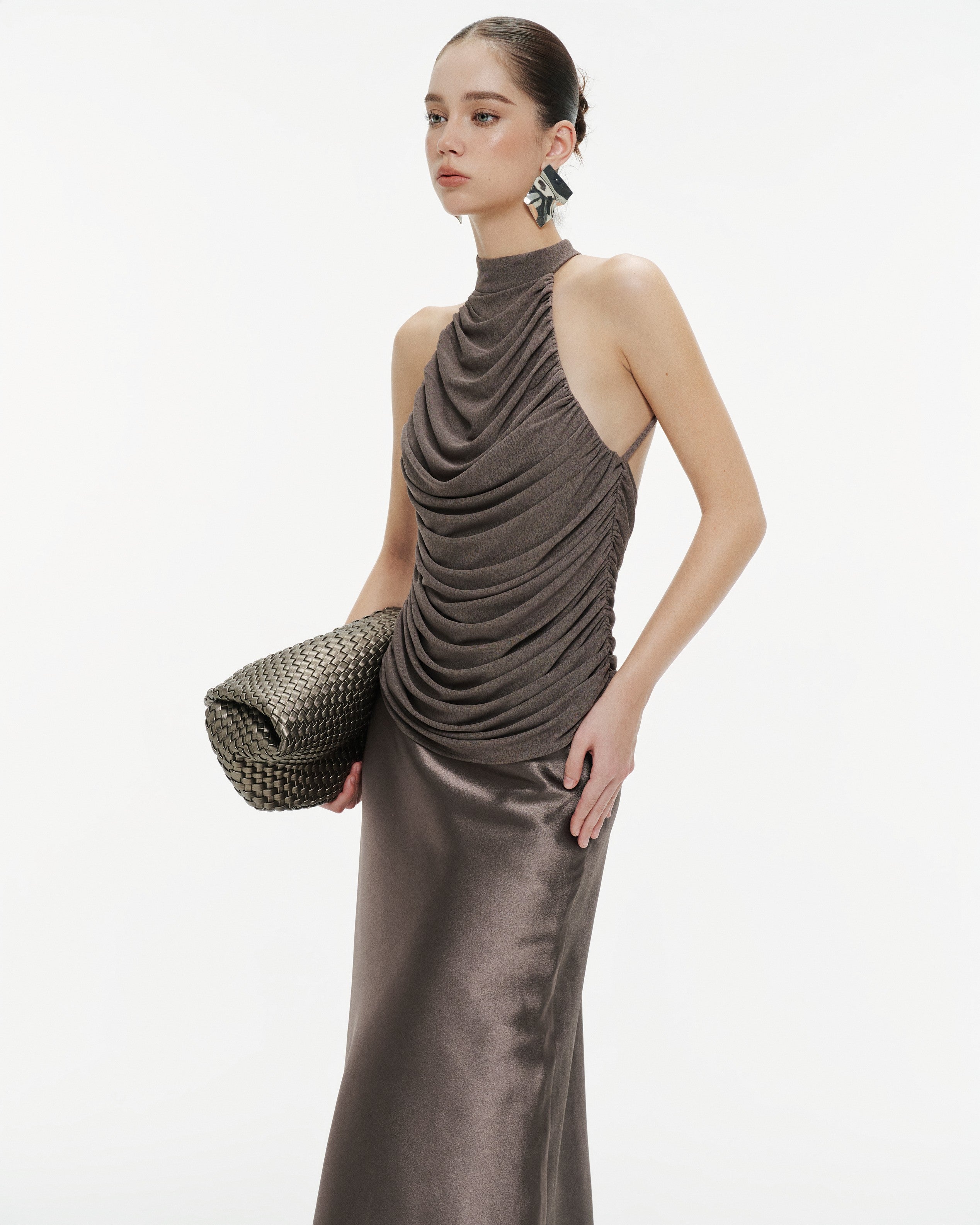 Draped Pleated Knit Halter Top