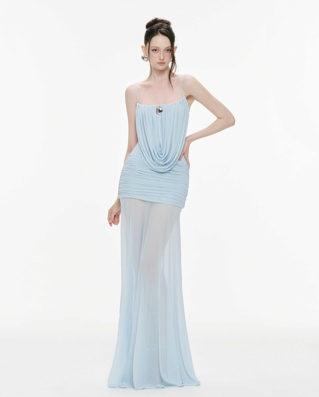 Cowl-Neck Ruched Stretch Mesh Gown