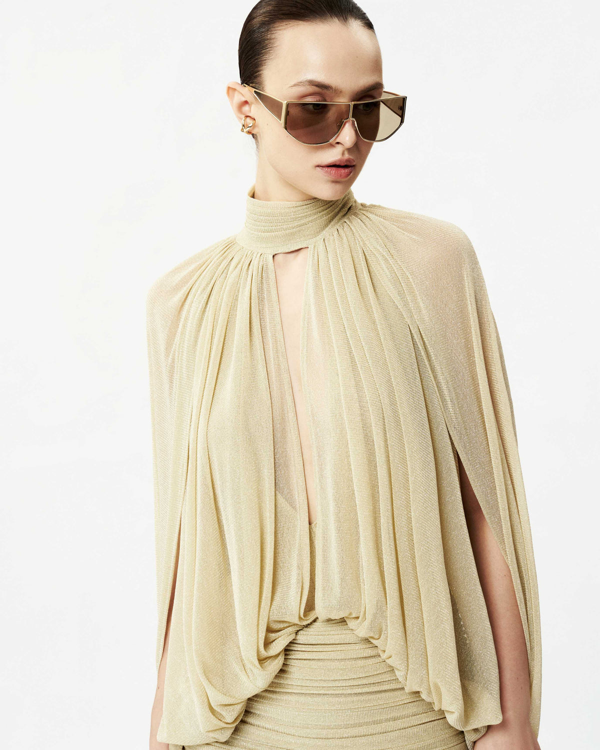 Glitter Mesh V-Neck Cape-Sleeve Dress