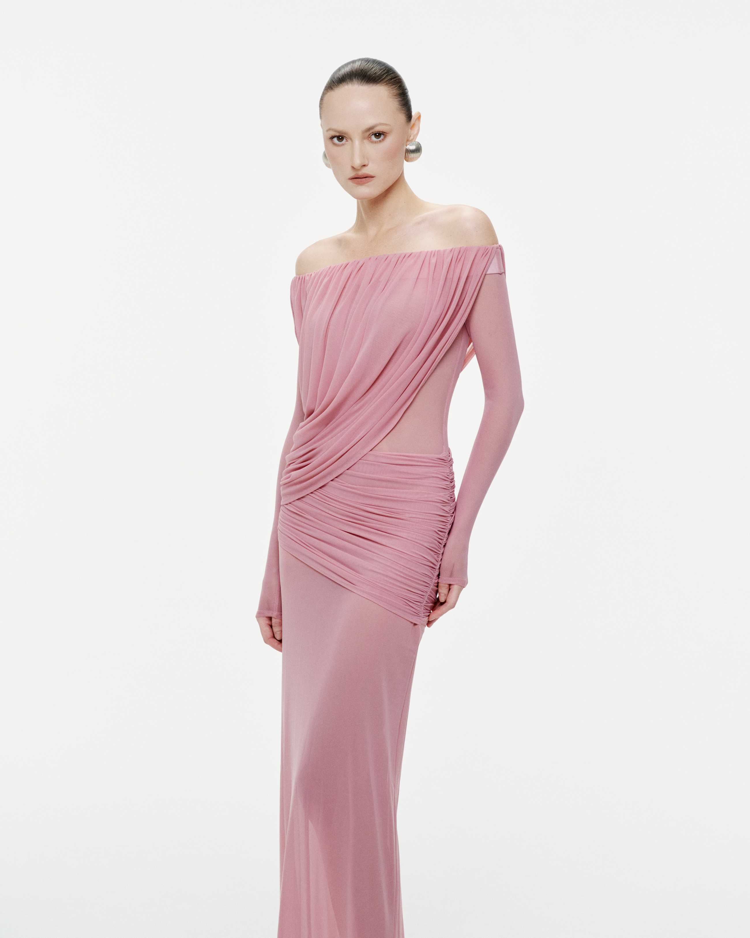 Off-Shoulder Draped Mesh Dress