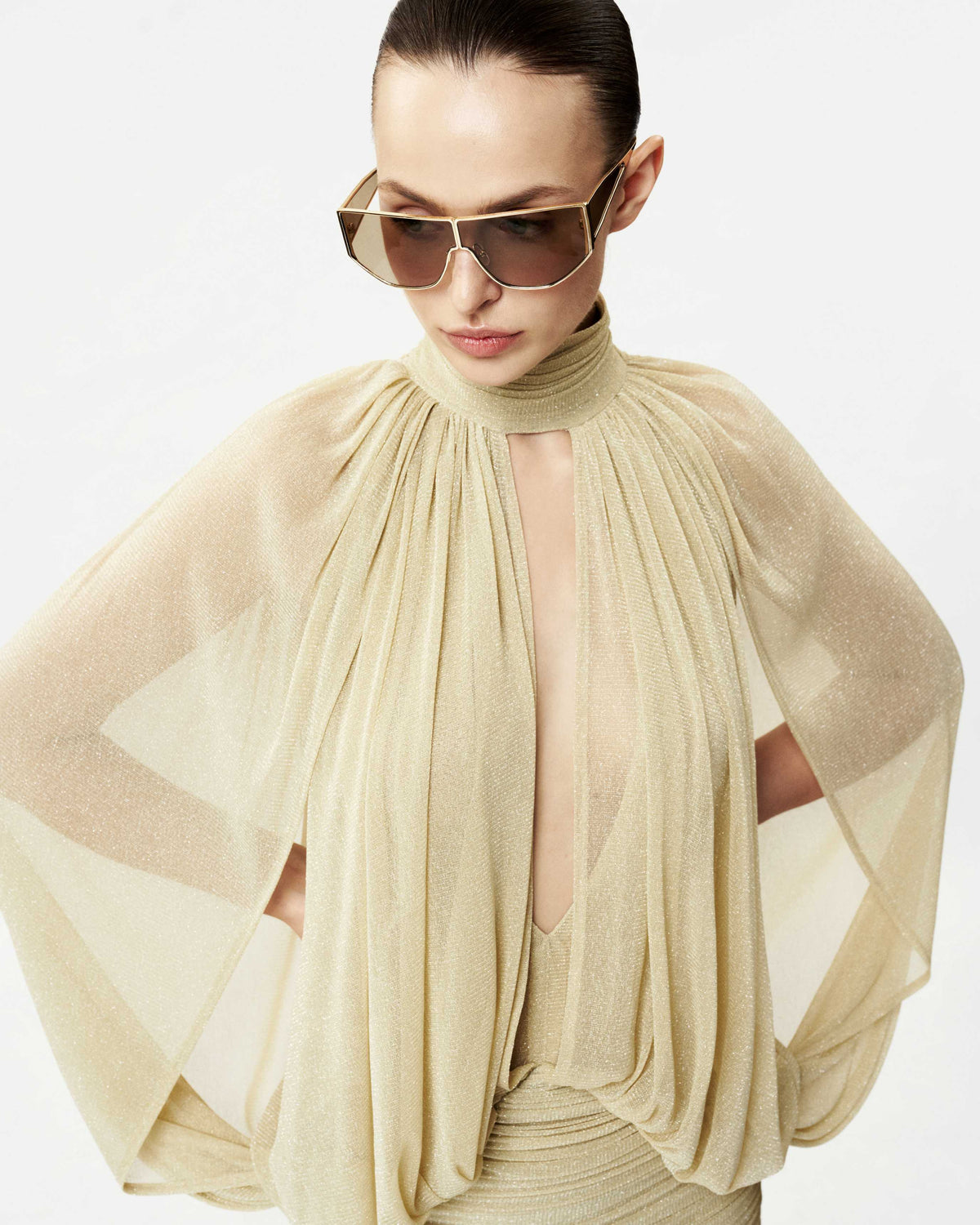 Glitter Mesh V-Neck Cape-Sleeve Dress