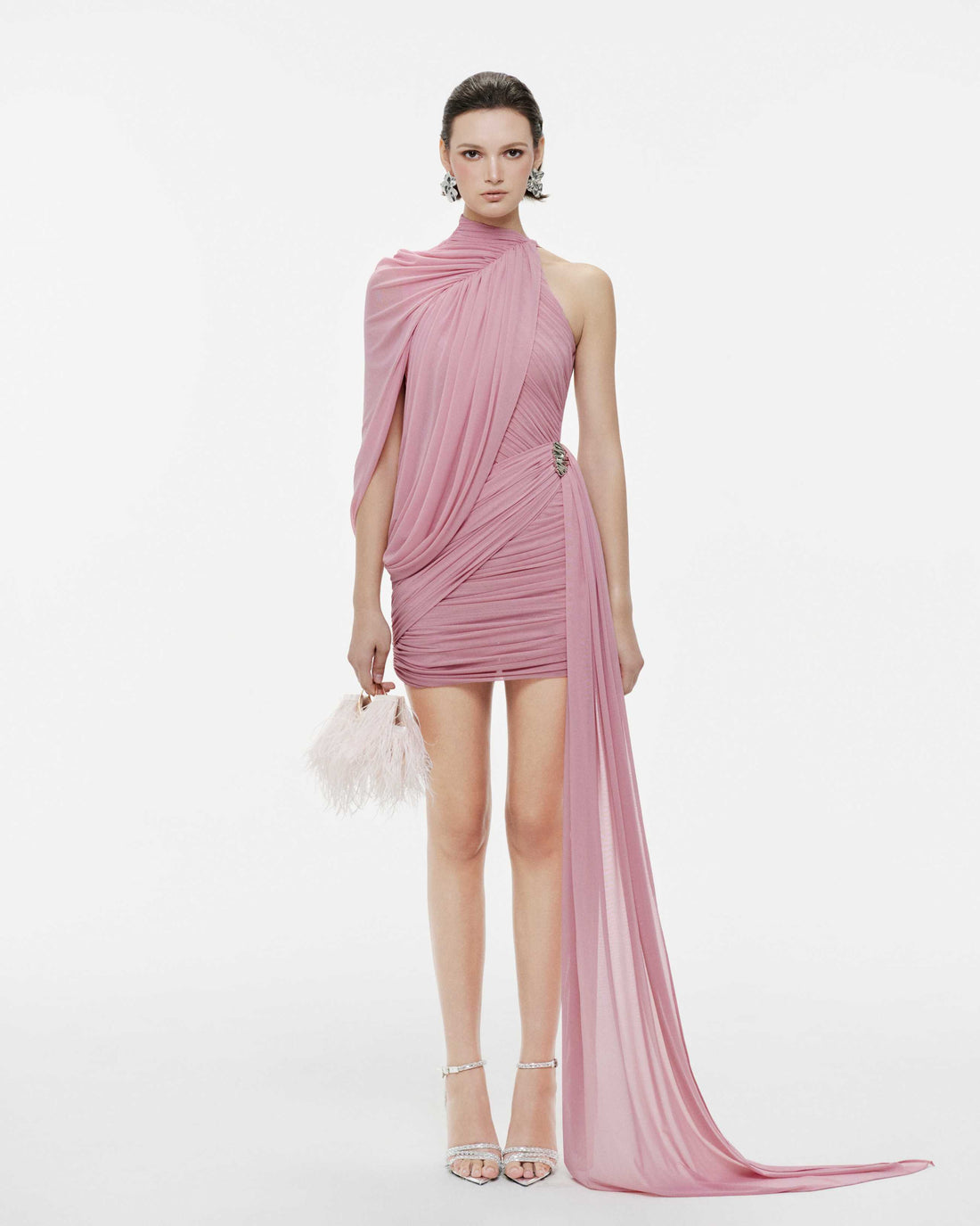 One-Shoulder Cape Ruched Asymmetric Dress