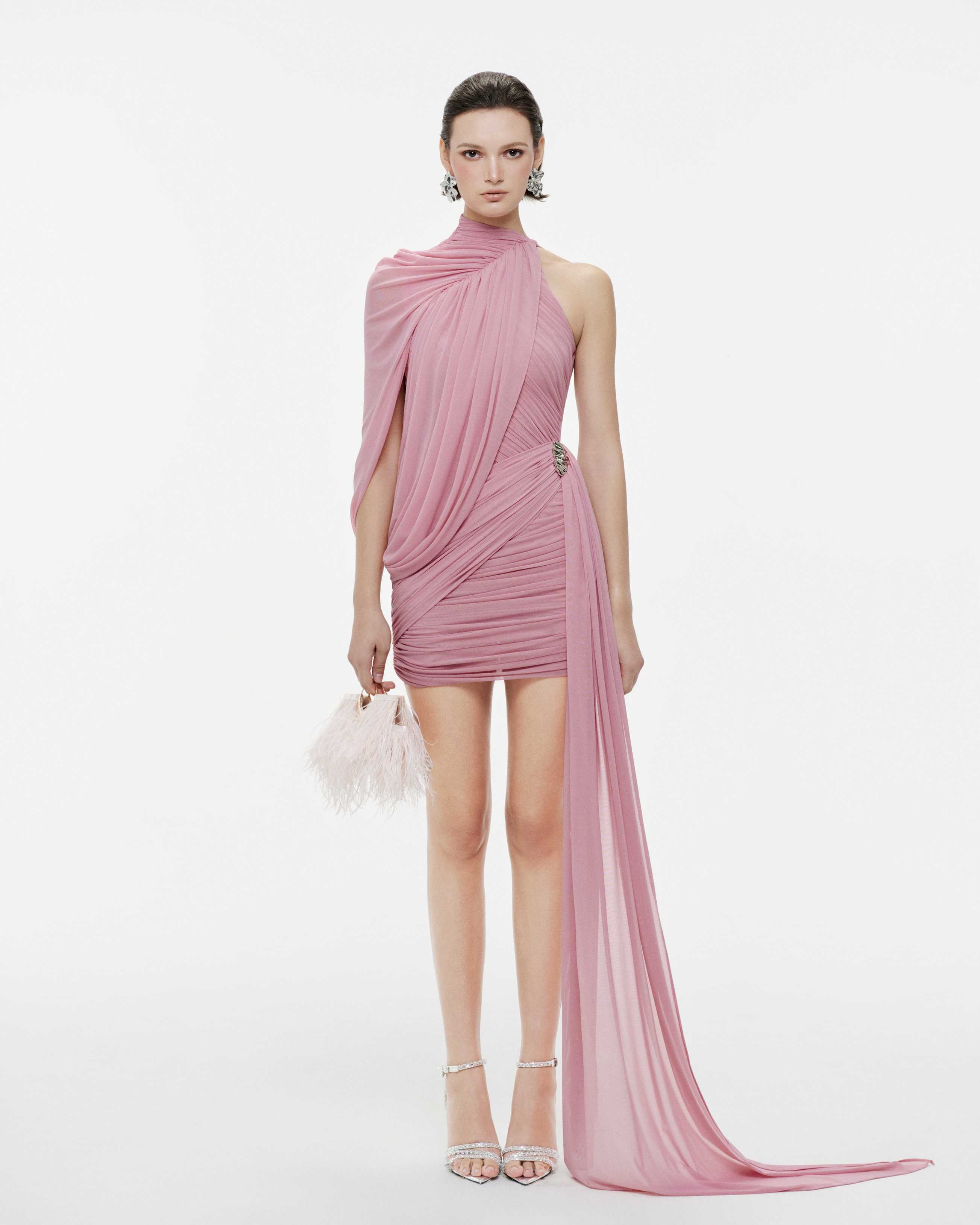 One-Shoulder Cape Ruched Asymmetric Dress
