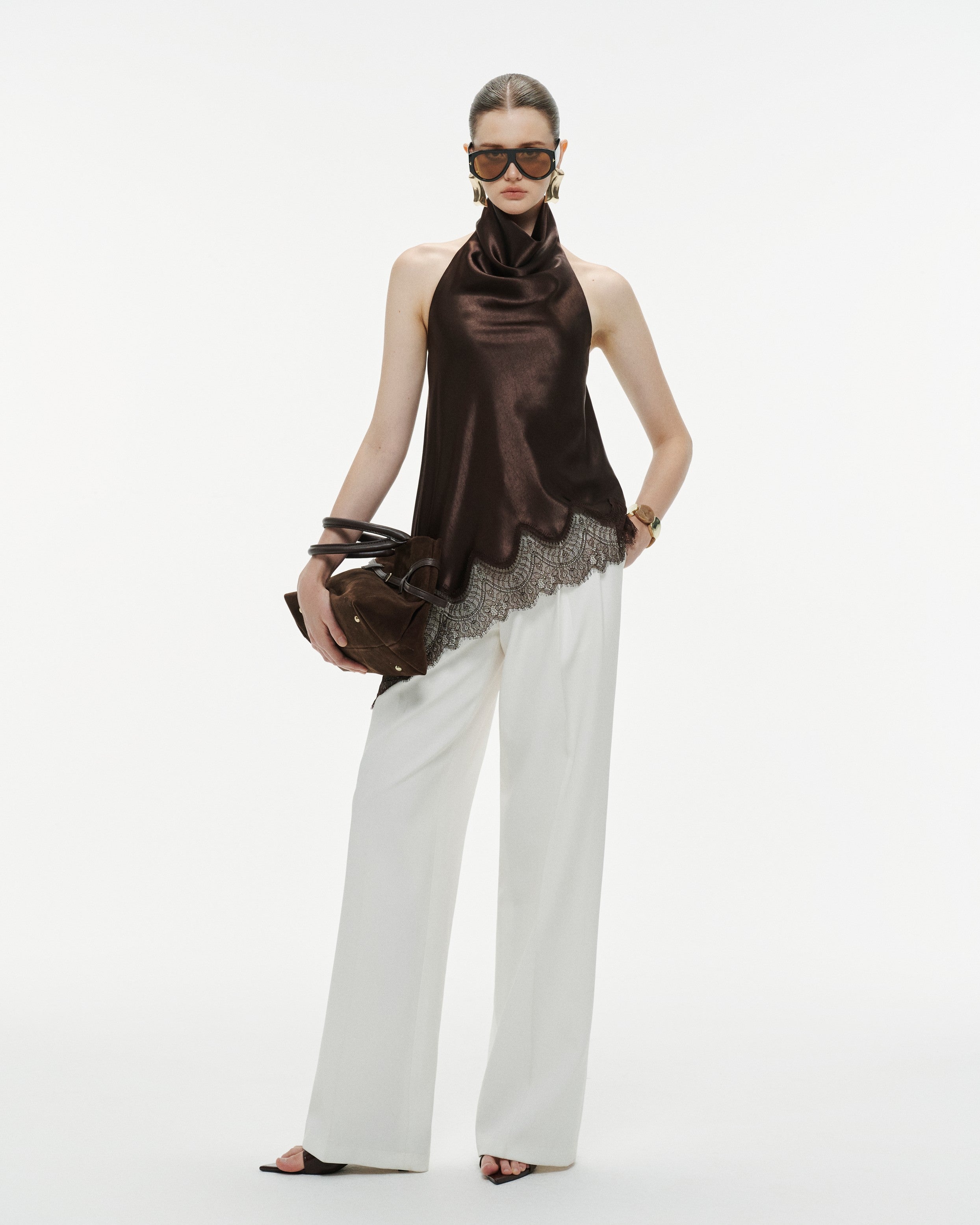 Silk Draped Halter Top With Lace Hem