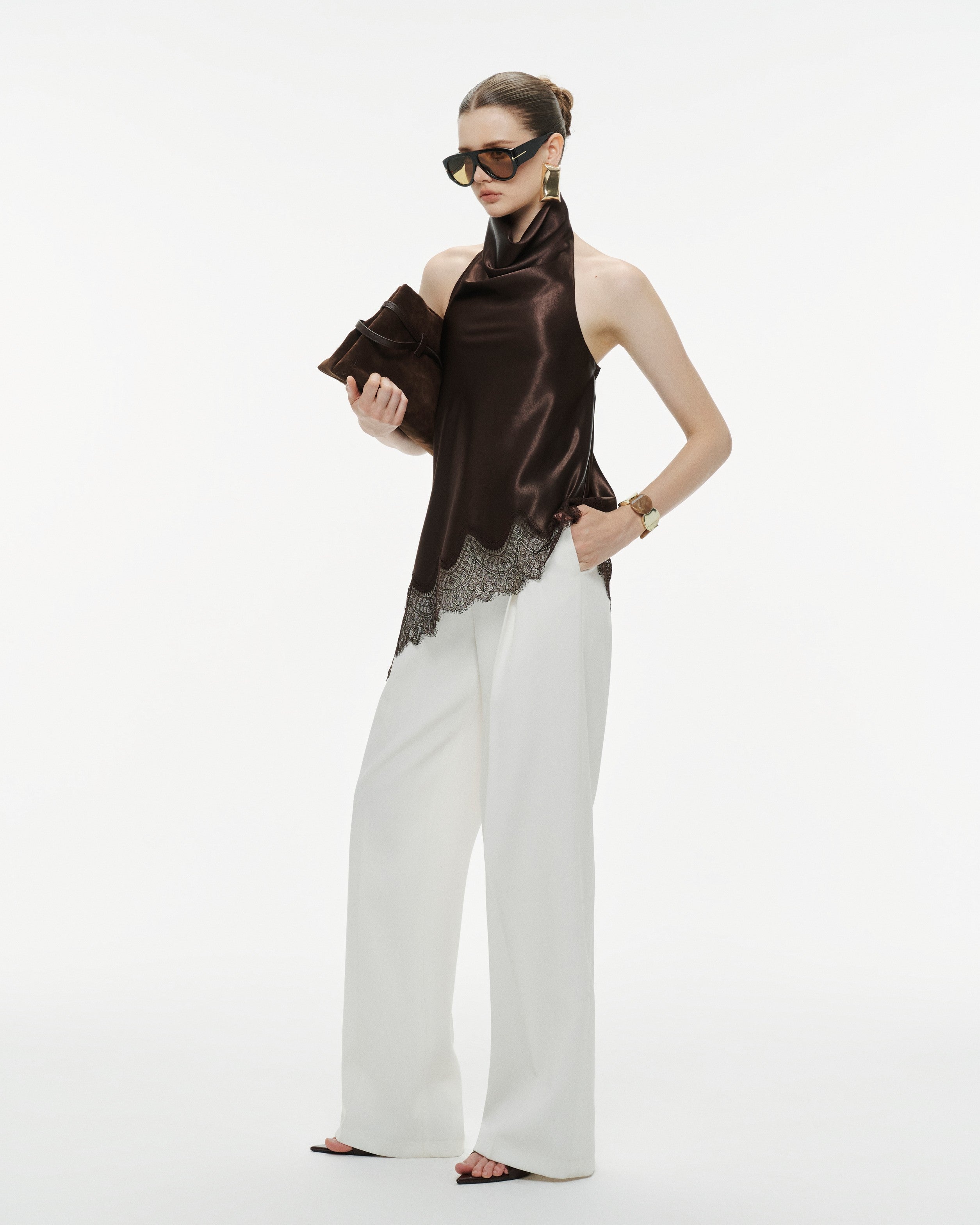 Silk Draped Halter Top With Lace Hem