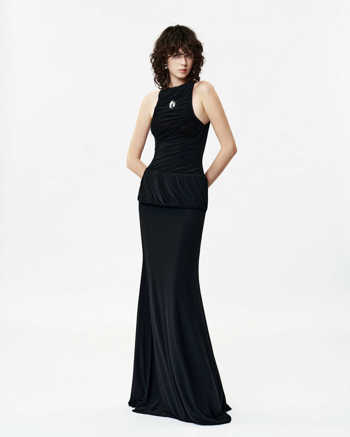 Sleeveless Mesh Ruched Asymmetric Button Dress