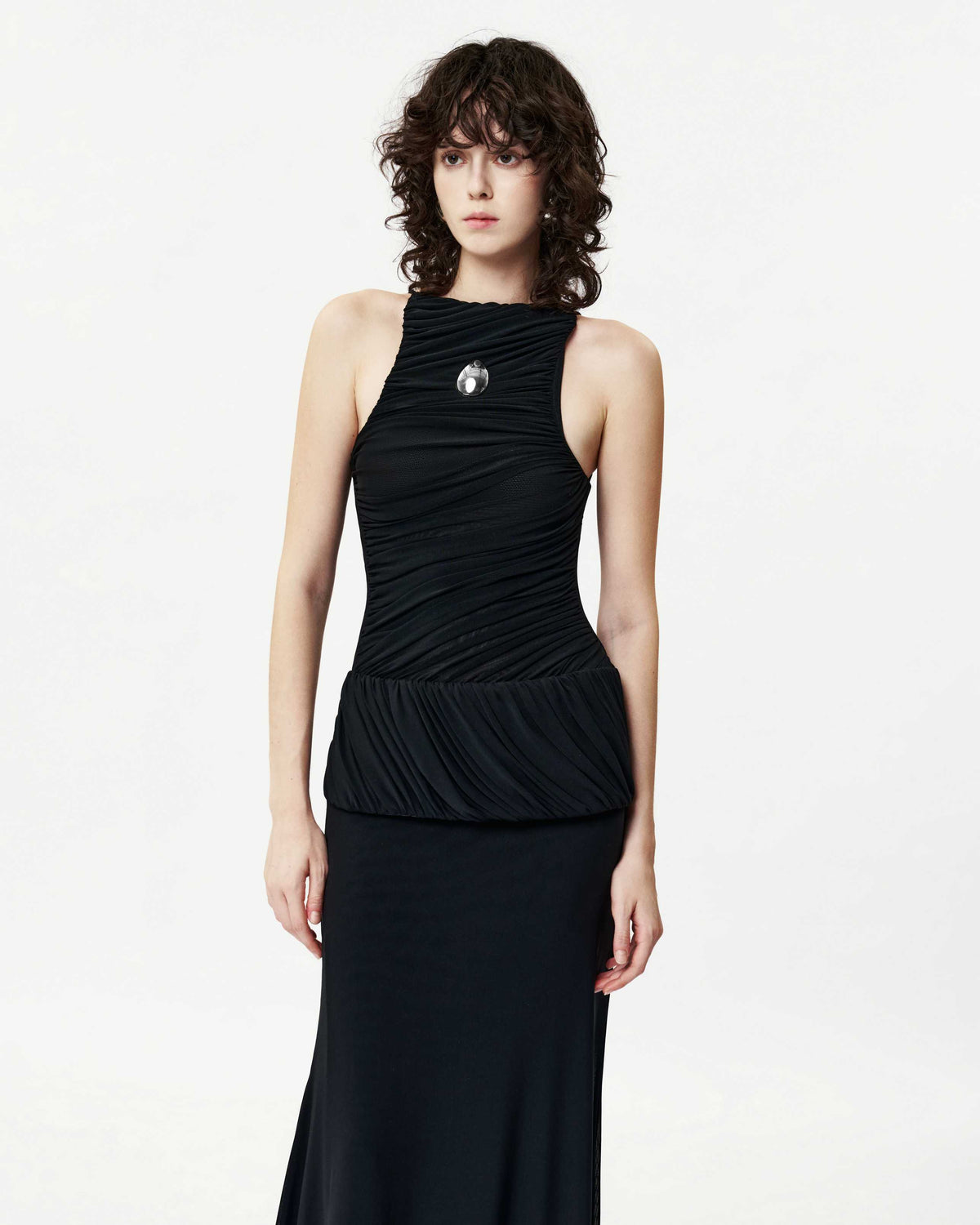Sleeveless Mesh Ruched Asymmetric Button Dress