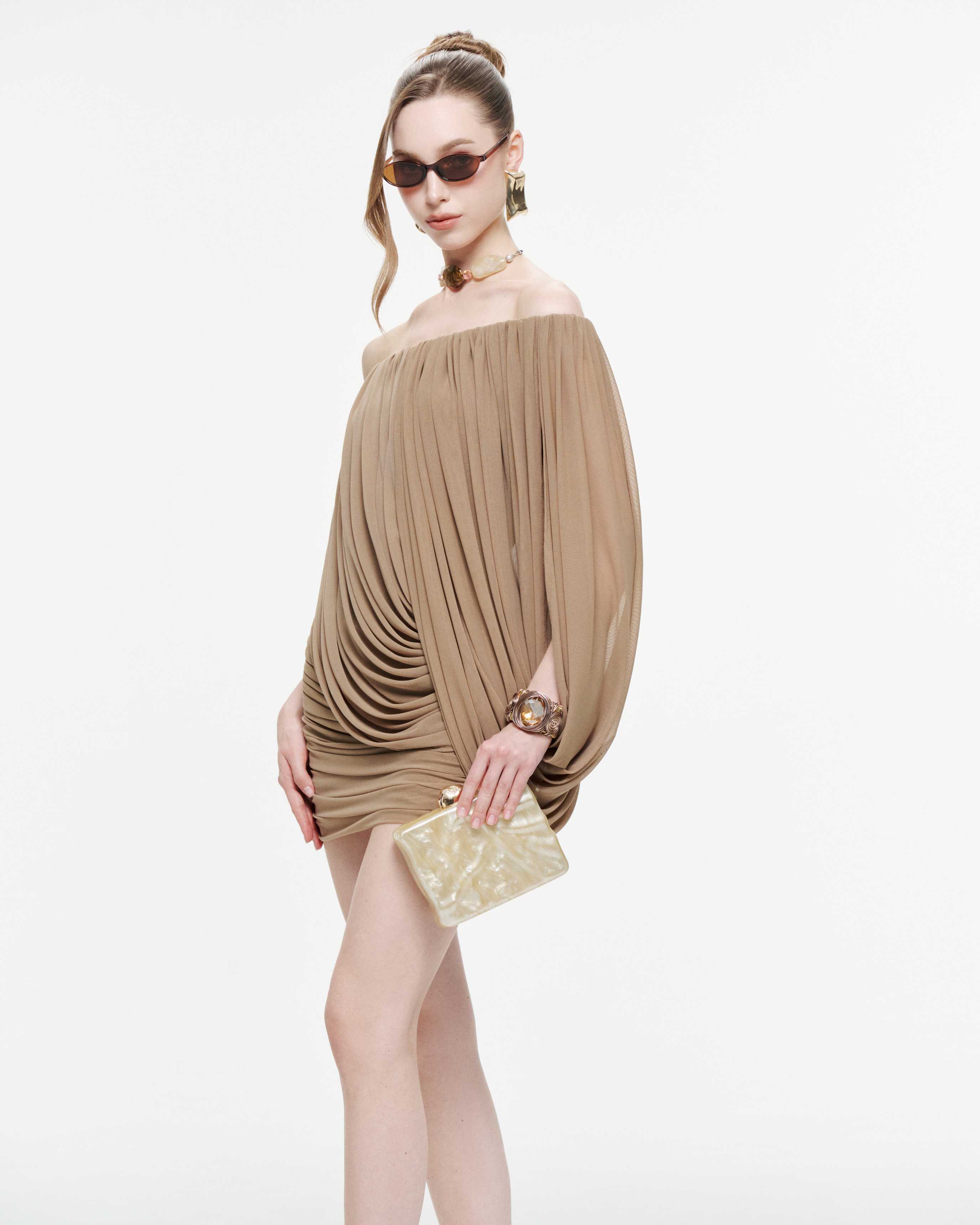 One-Shoulder Stretch Mesh Cape Dress