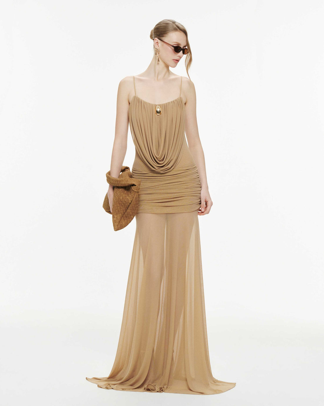 Cowl-Neck Ruched Stretch Mesh Gown