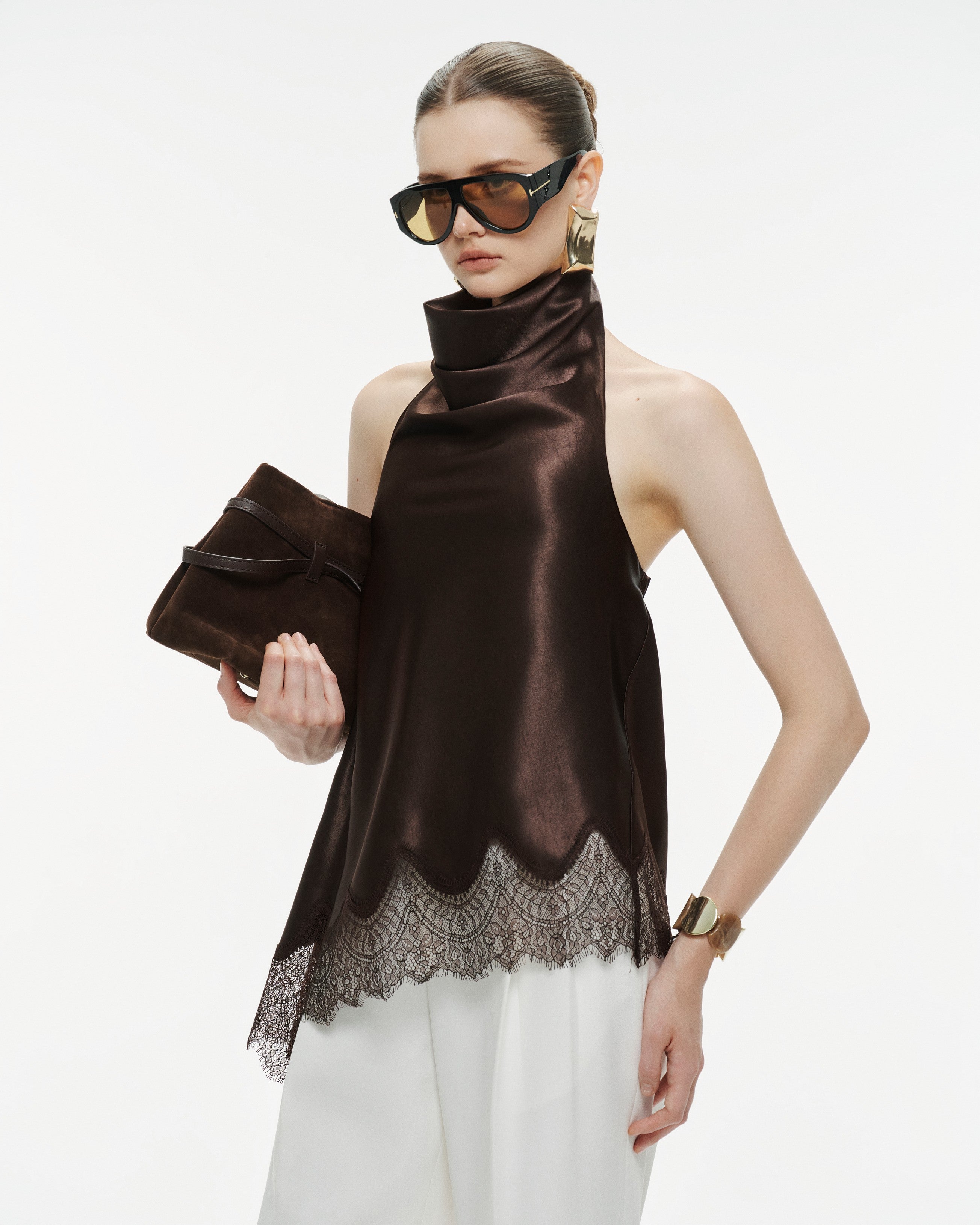 Silk Draped Halter Top With Lace Hem