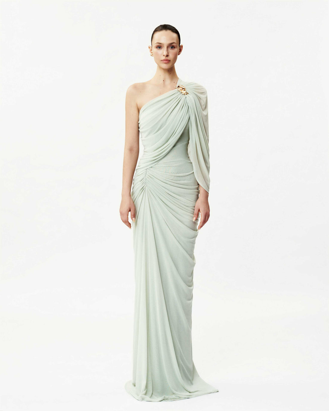 Long One-Shoulder Mesh Dress with Floral Button