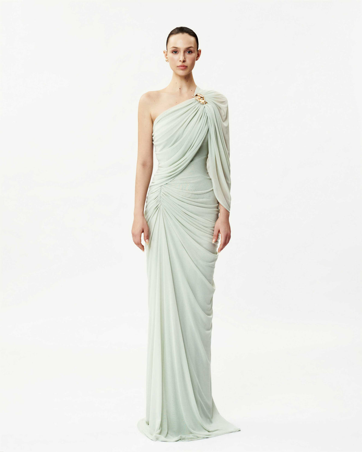 Long One-Shoulder Mesh Dress with Floral Button