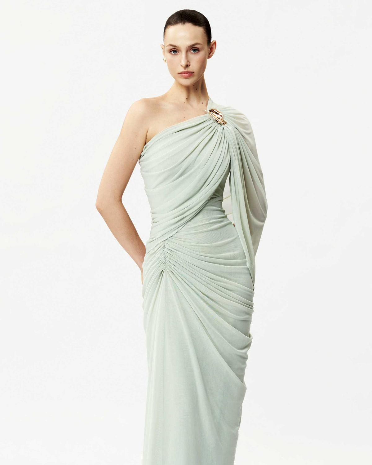 Long One-Shoulder Mesh Dress with Floral Button