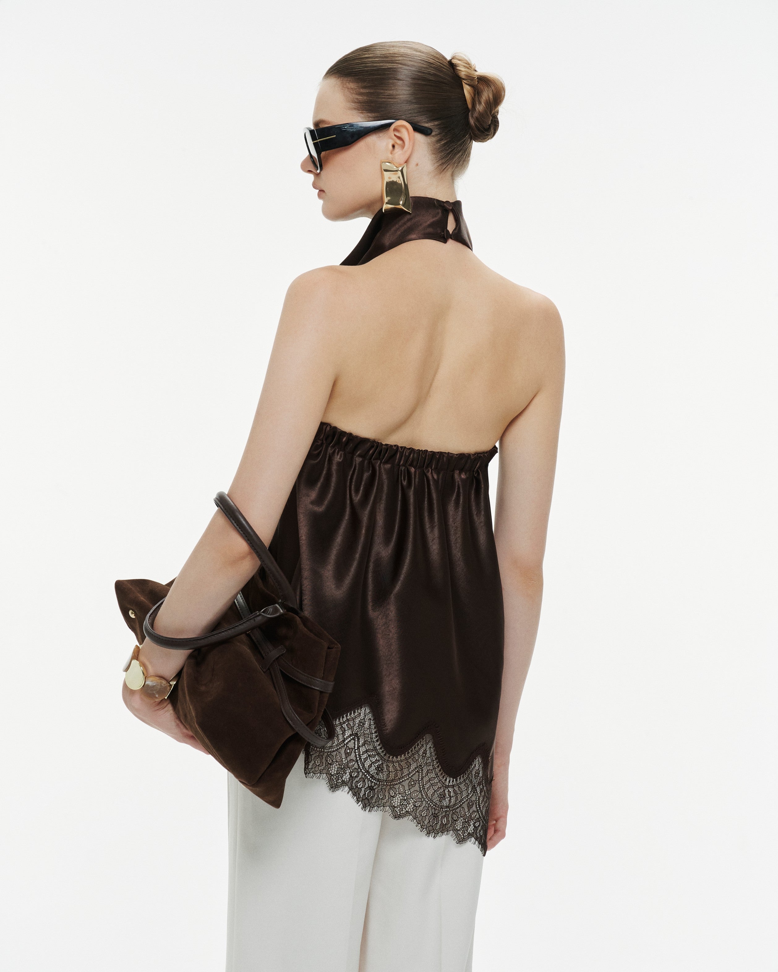 Silk Draped Halter Top With Lace Hem