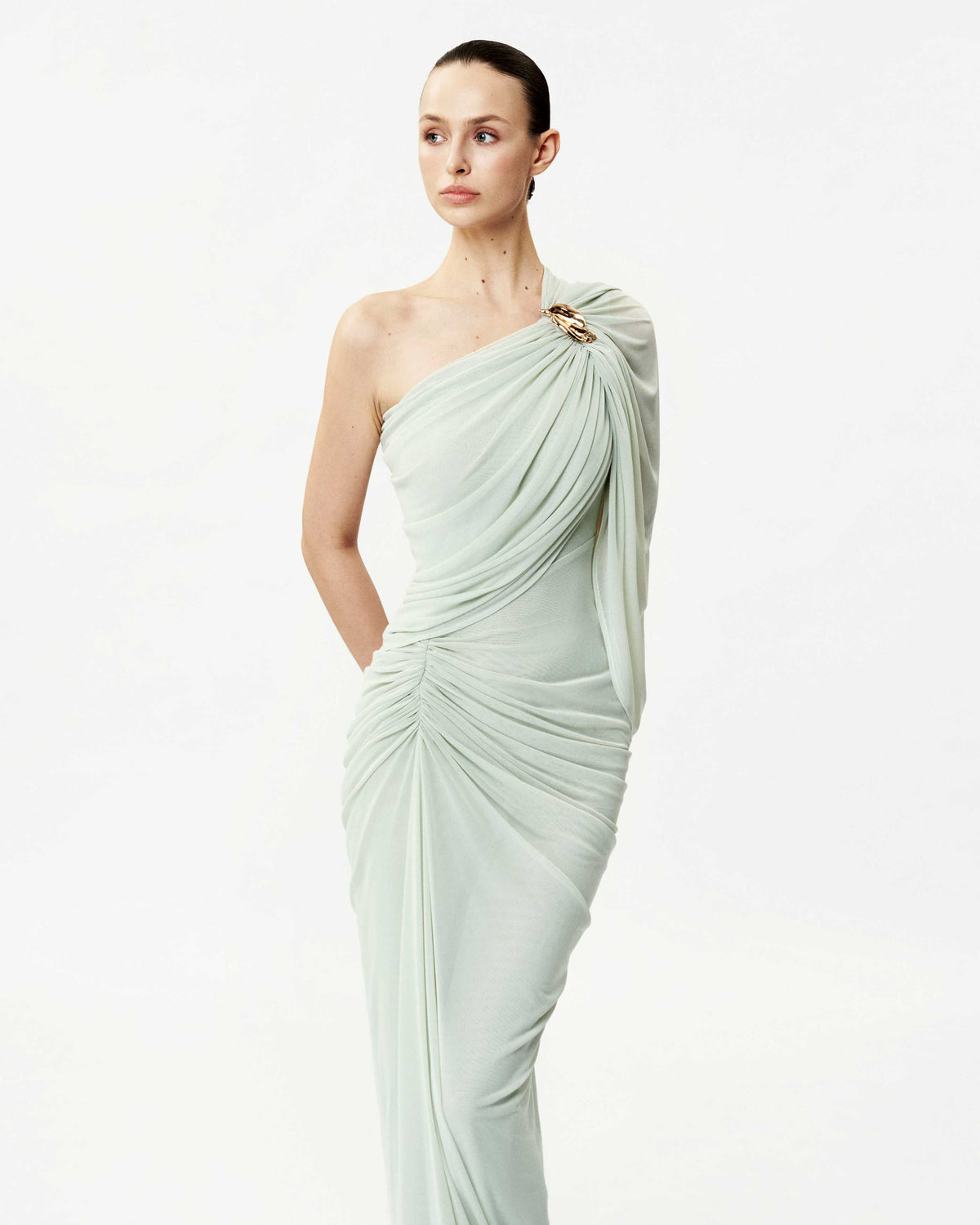 Long One-Shoulder Mesh Dress with Floral Button