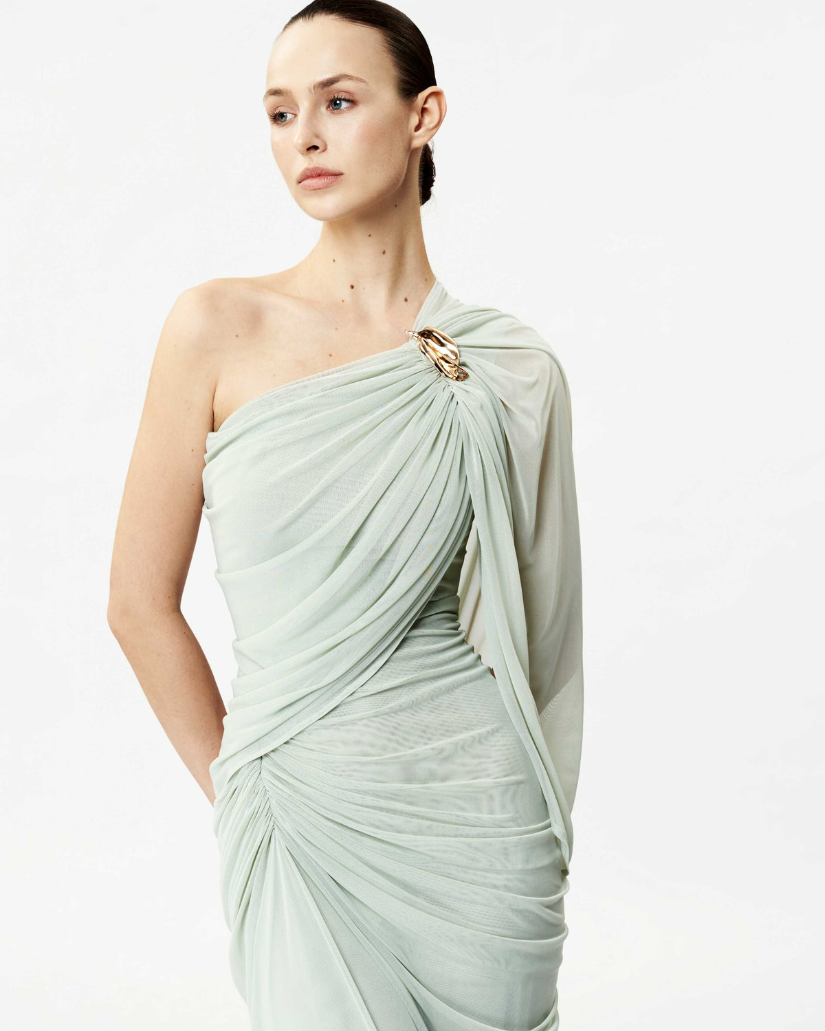 Long One-Shoulder Mesh Dress with Floral Button