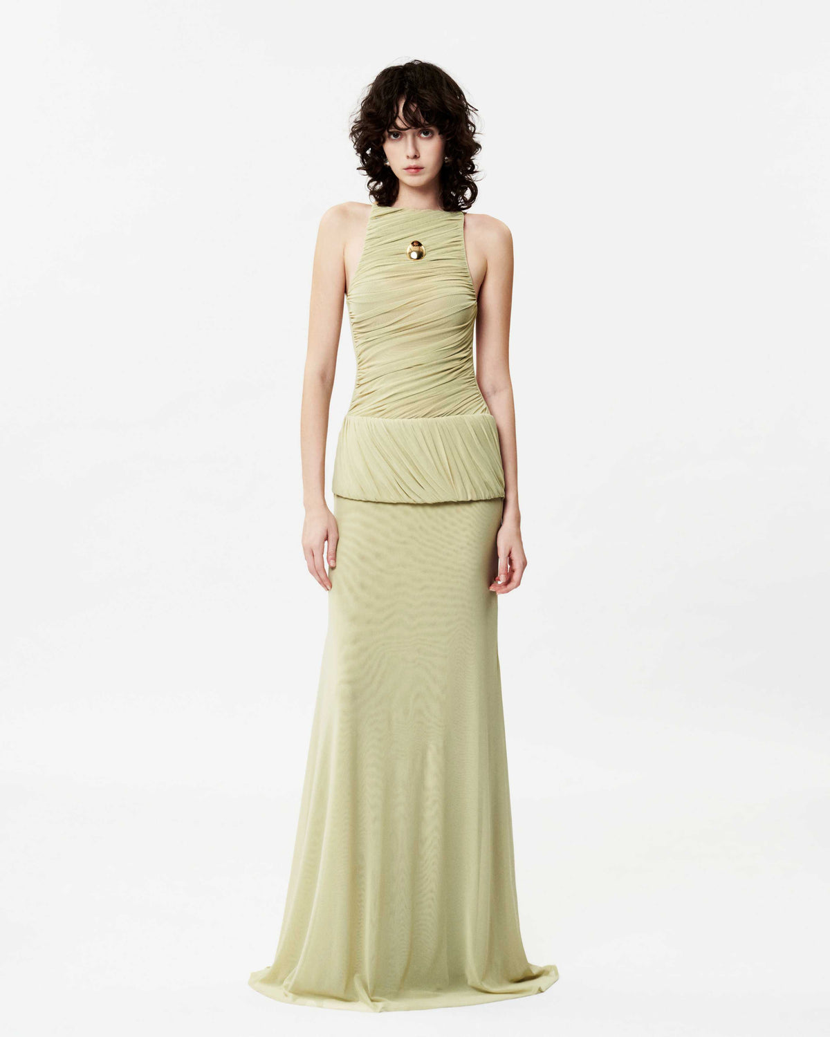 Sleeveless Mesh Ruched Asymmetric Button Dress