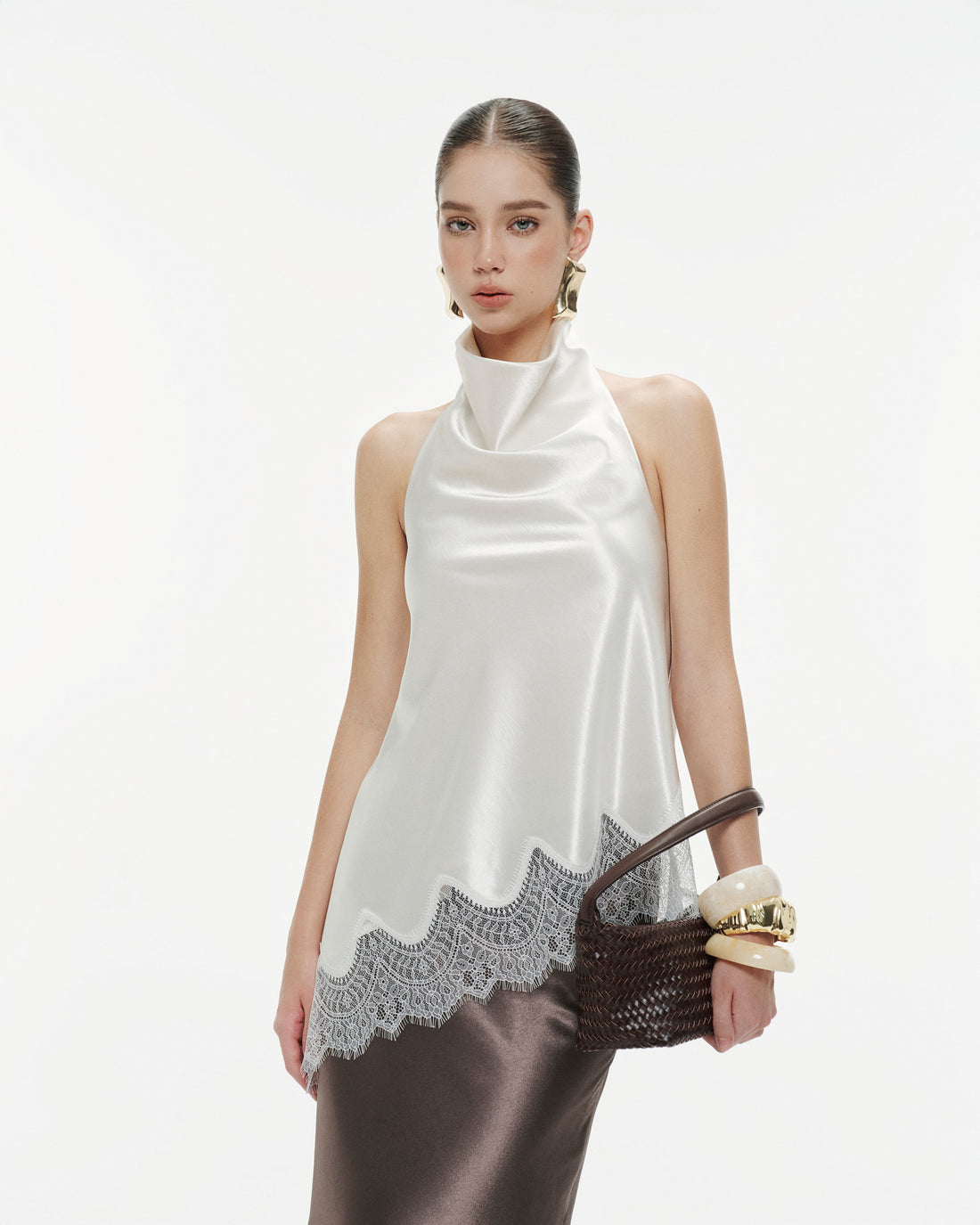 (PRE-ORDER) Silk Draped Halter Top With Lace Hem