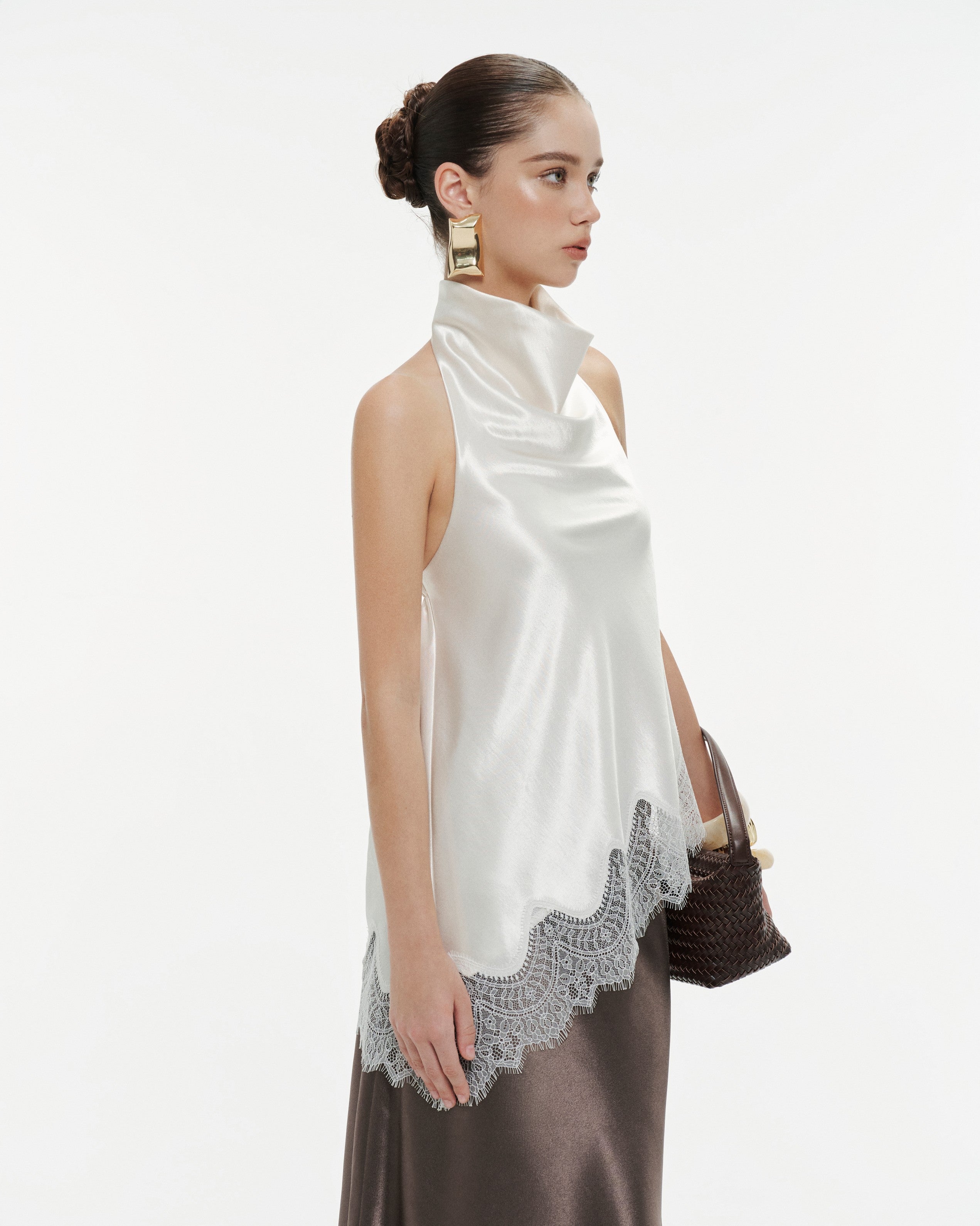 Silk Draped Halter Top With Lace Hem