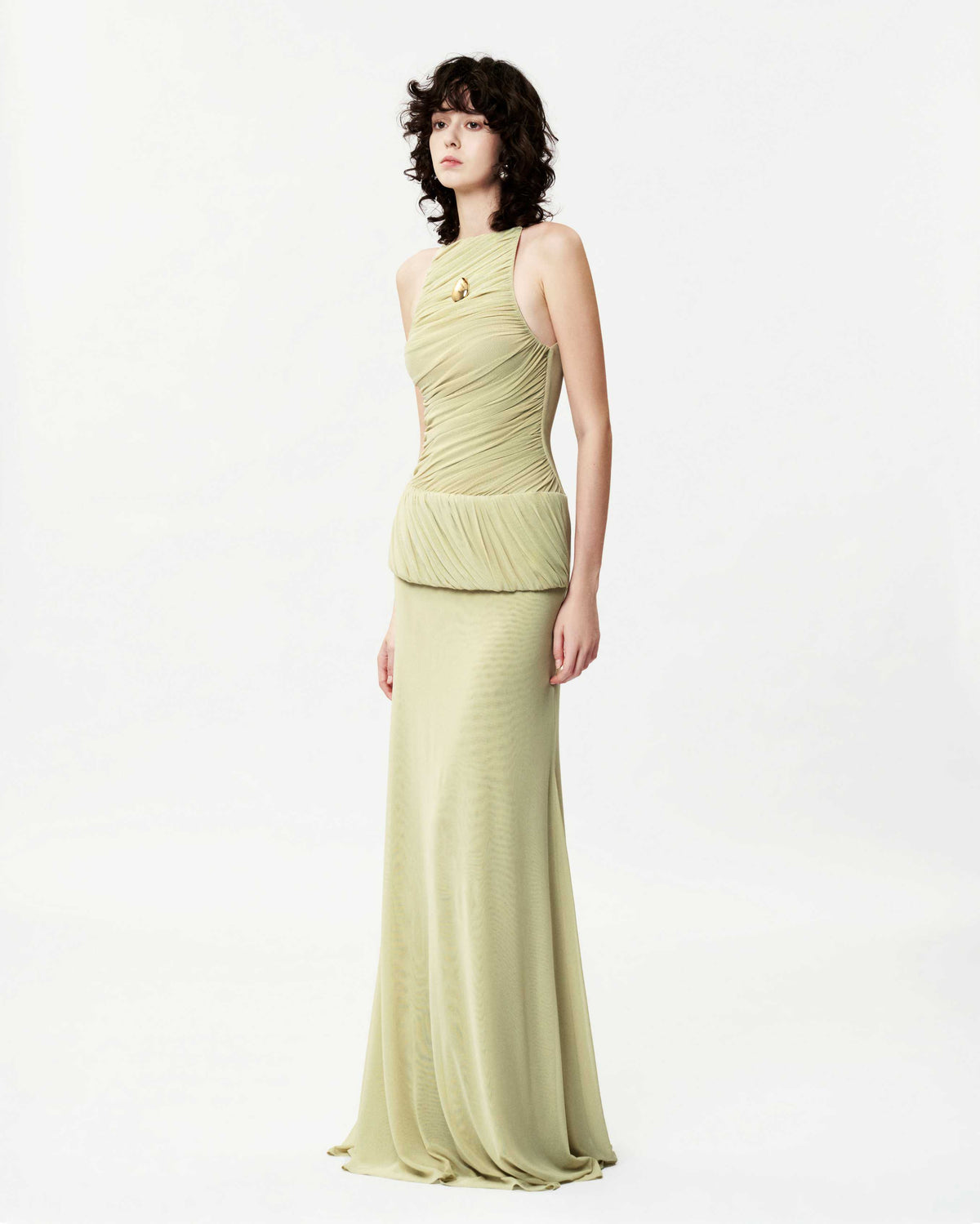 Sleeveless Mesh Ruched Asymmetric Button Dress