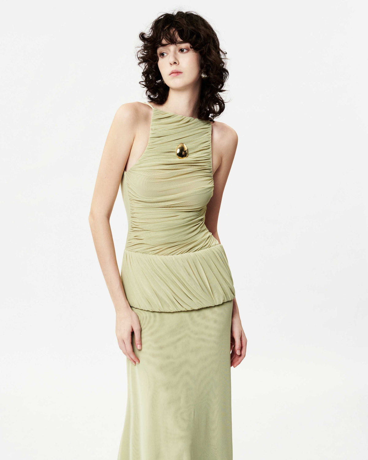 Sleeveless Mesh Ruched Asymmetric Button Dress