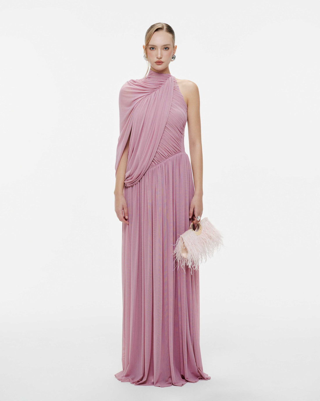 One-Shoulder Cape Ruched Flared Dress