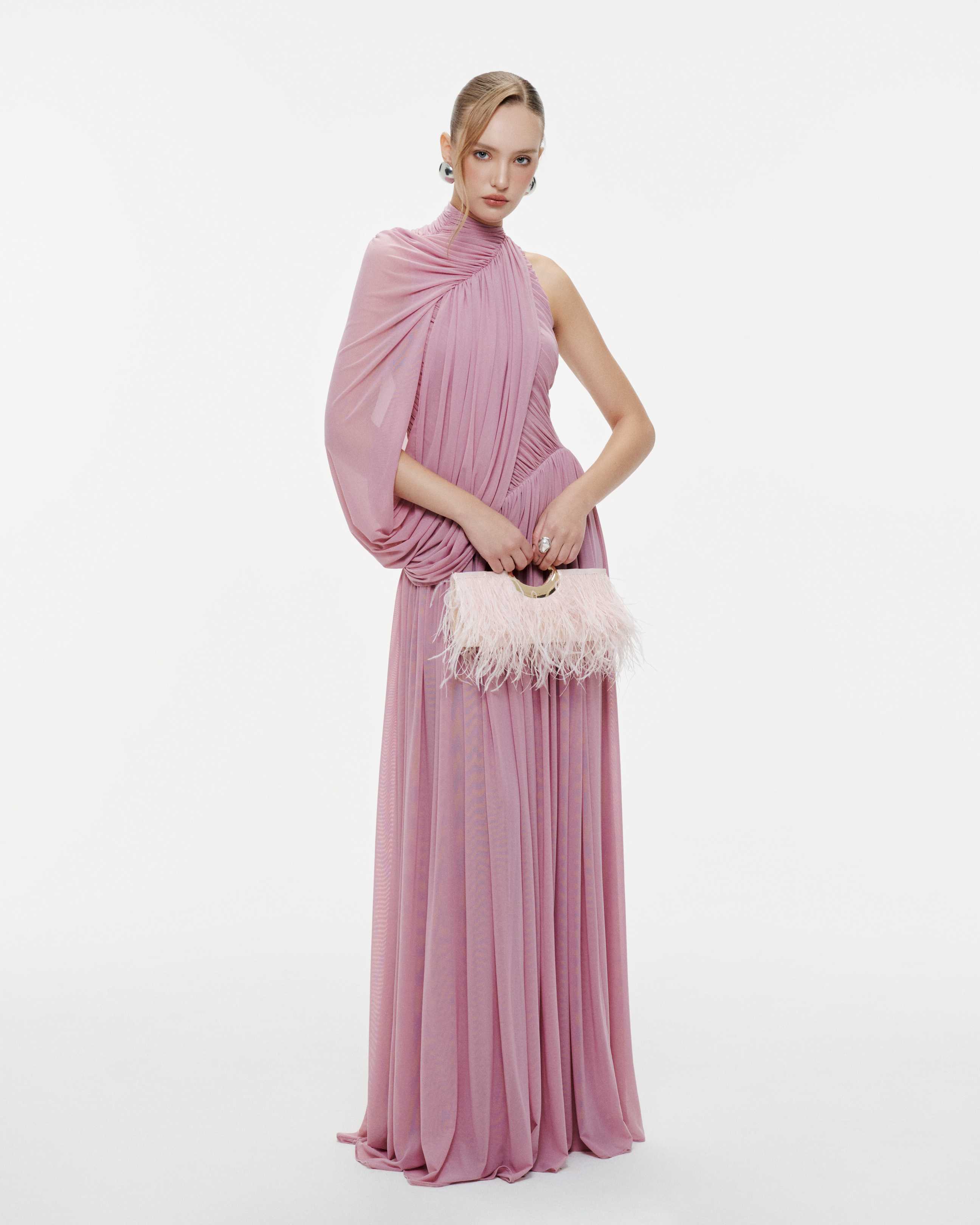 One-Shoulder Cape Ruched Flared Dress