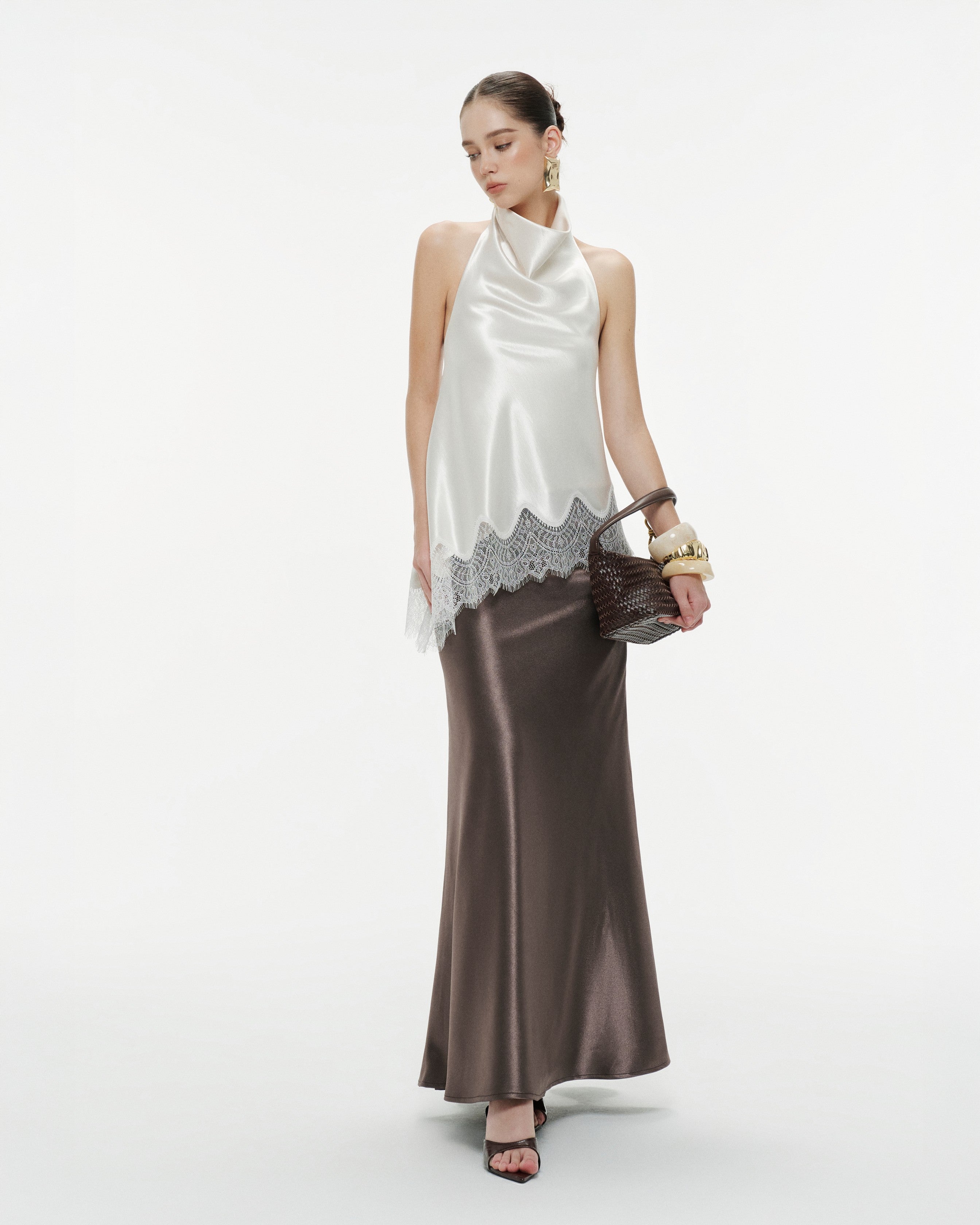 Silk Draped Halter Top With Lace Hem