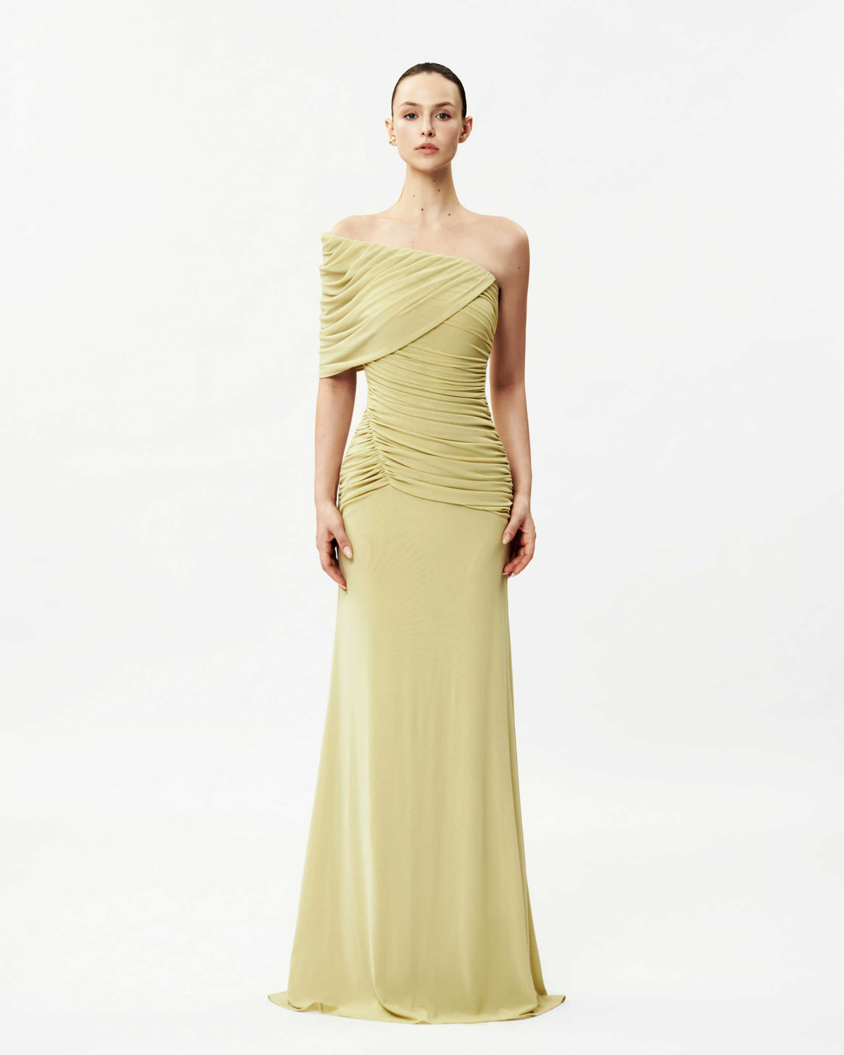 One-Shoulder Asymmetric Ruched Pleated Mesh Dress