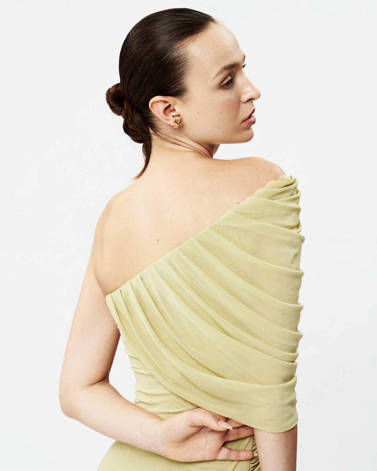 One-Shoulder Asymmetric Ruched Pleated Mesh Dress