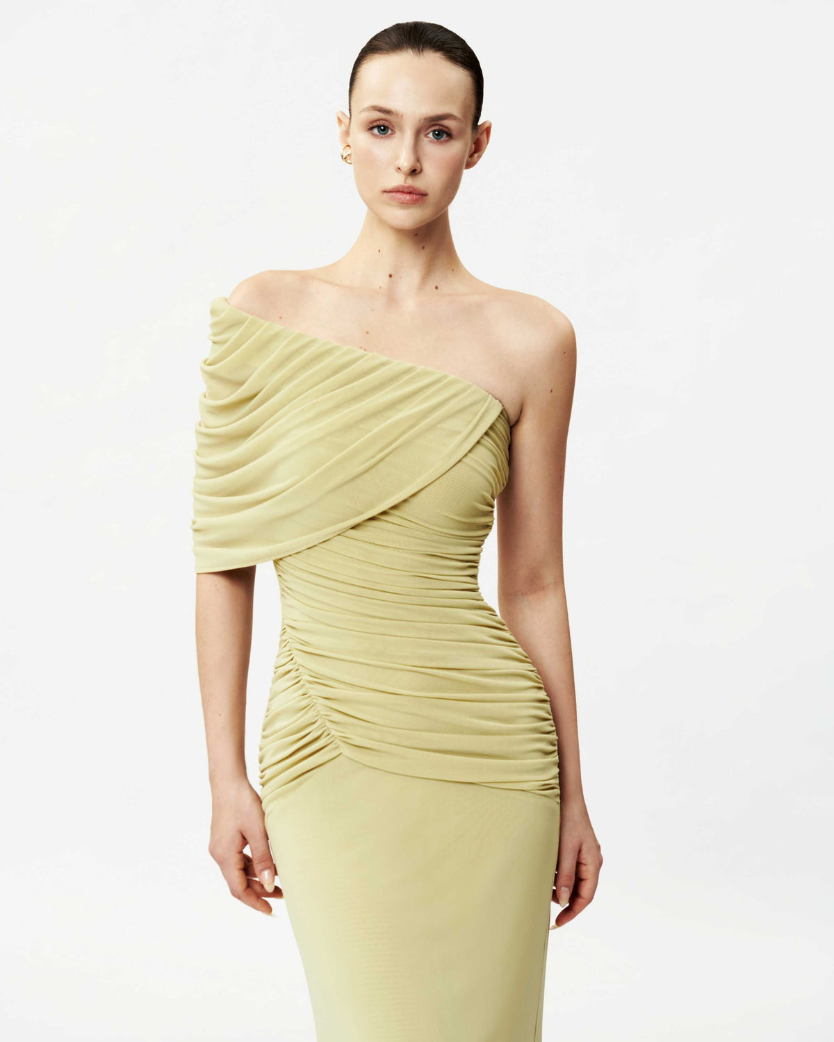 One-Shoulder Asymmetric Ruched Pleated Mesh Dress