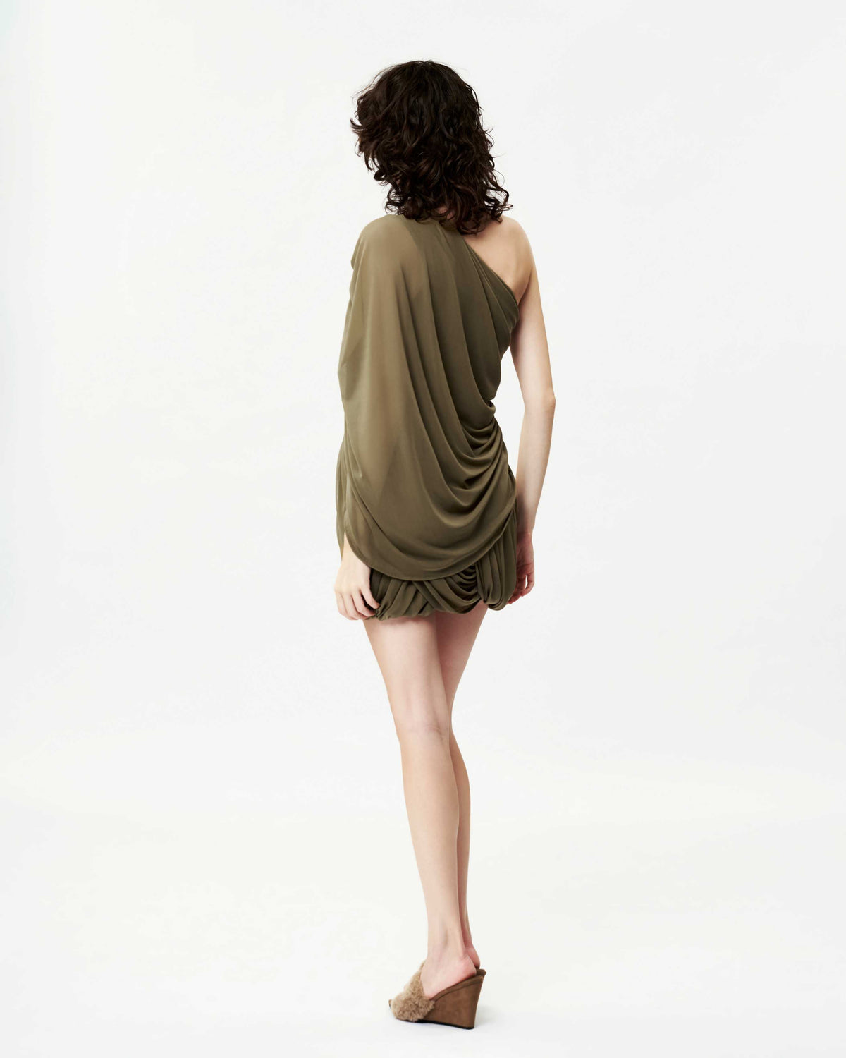 One-Shoulder Mesh Cape Dress with Floral Button