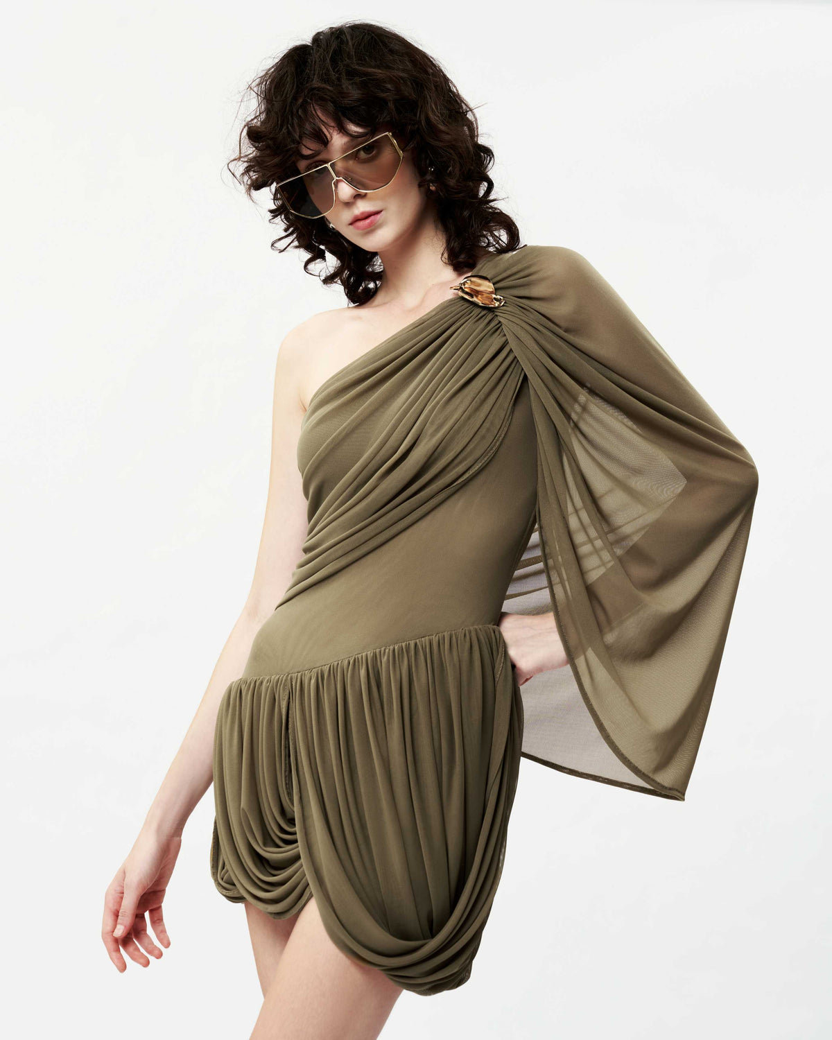 One-Shoulder Mesh Cape Dress with Floral Button