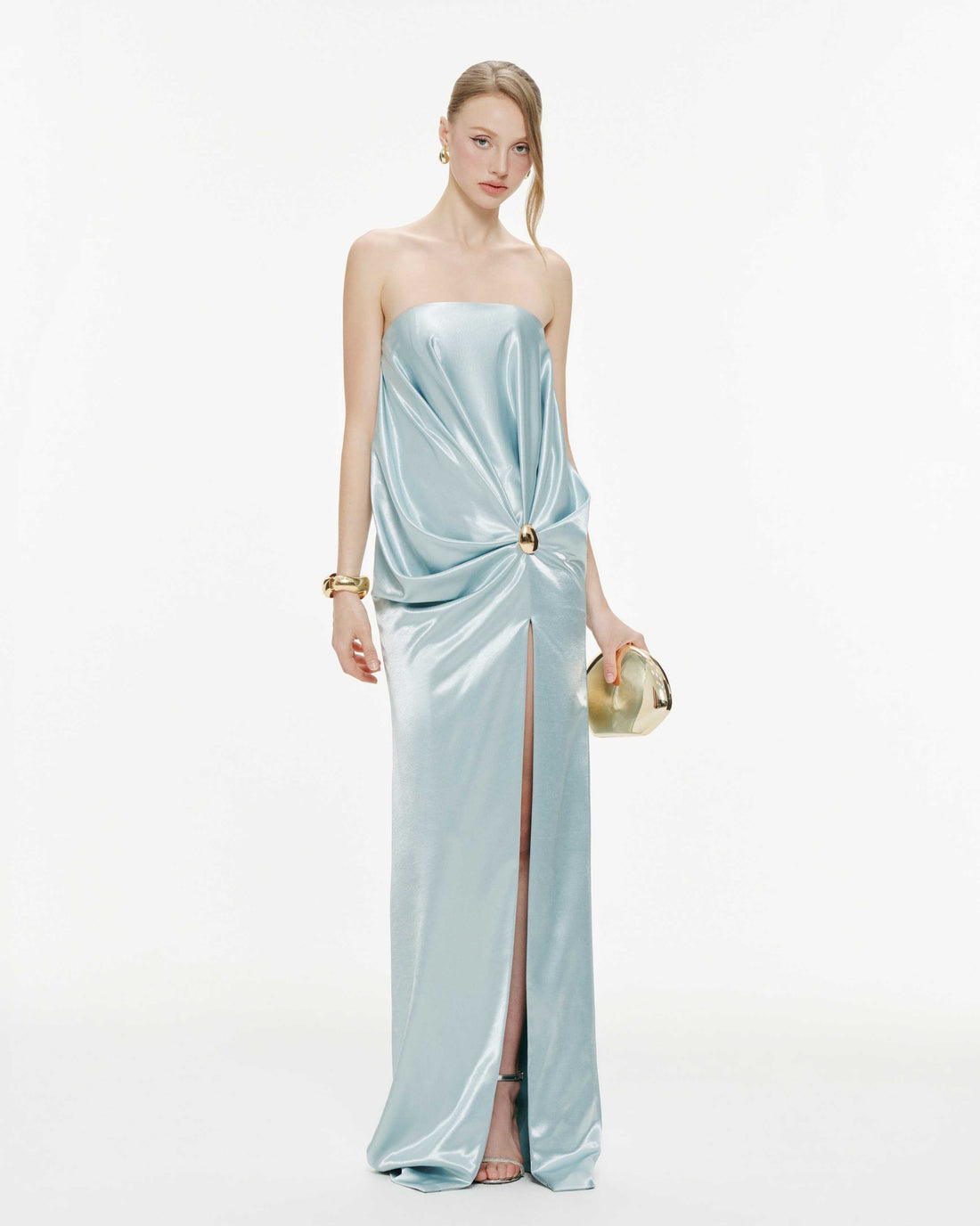 Strapless Pleated Silk Slit Dress