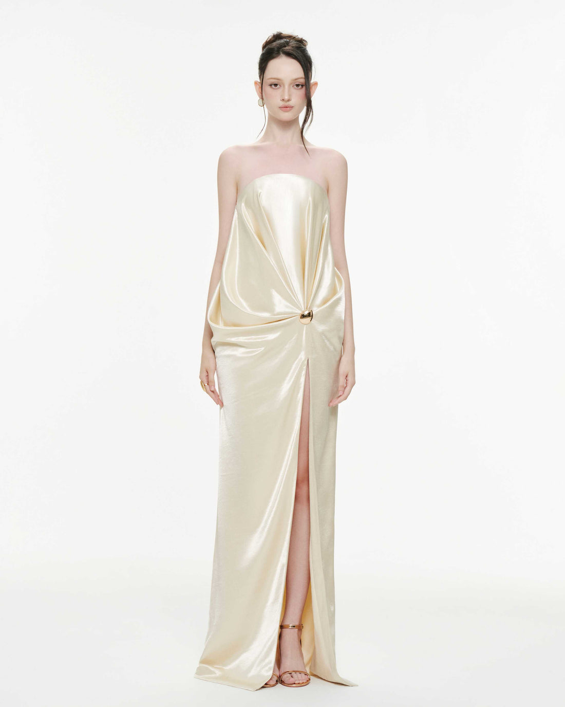 Strapless Pleated Silk Slit Dress