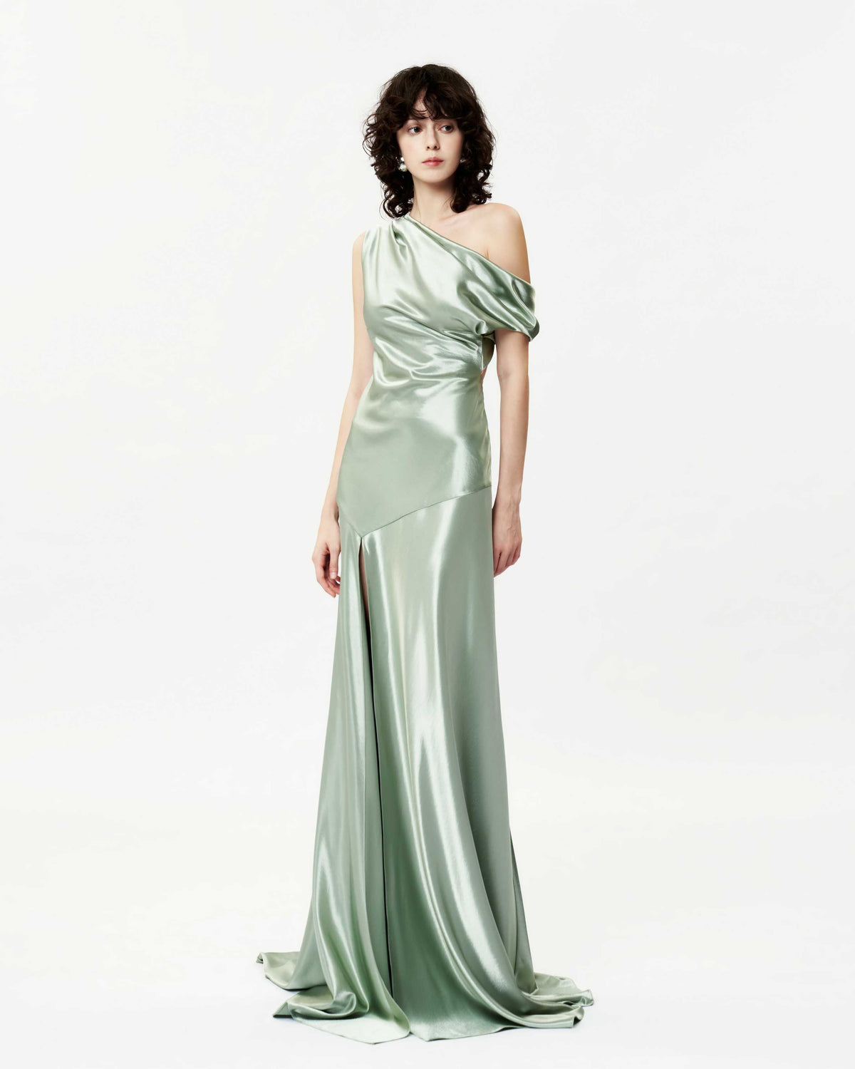 One-Shoulder Backless Slit Silk Dress