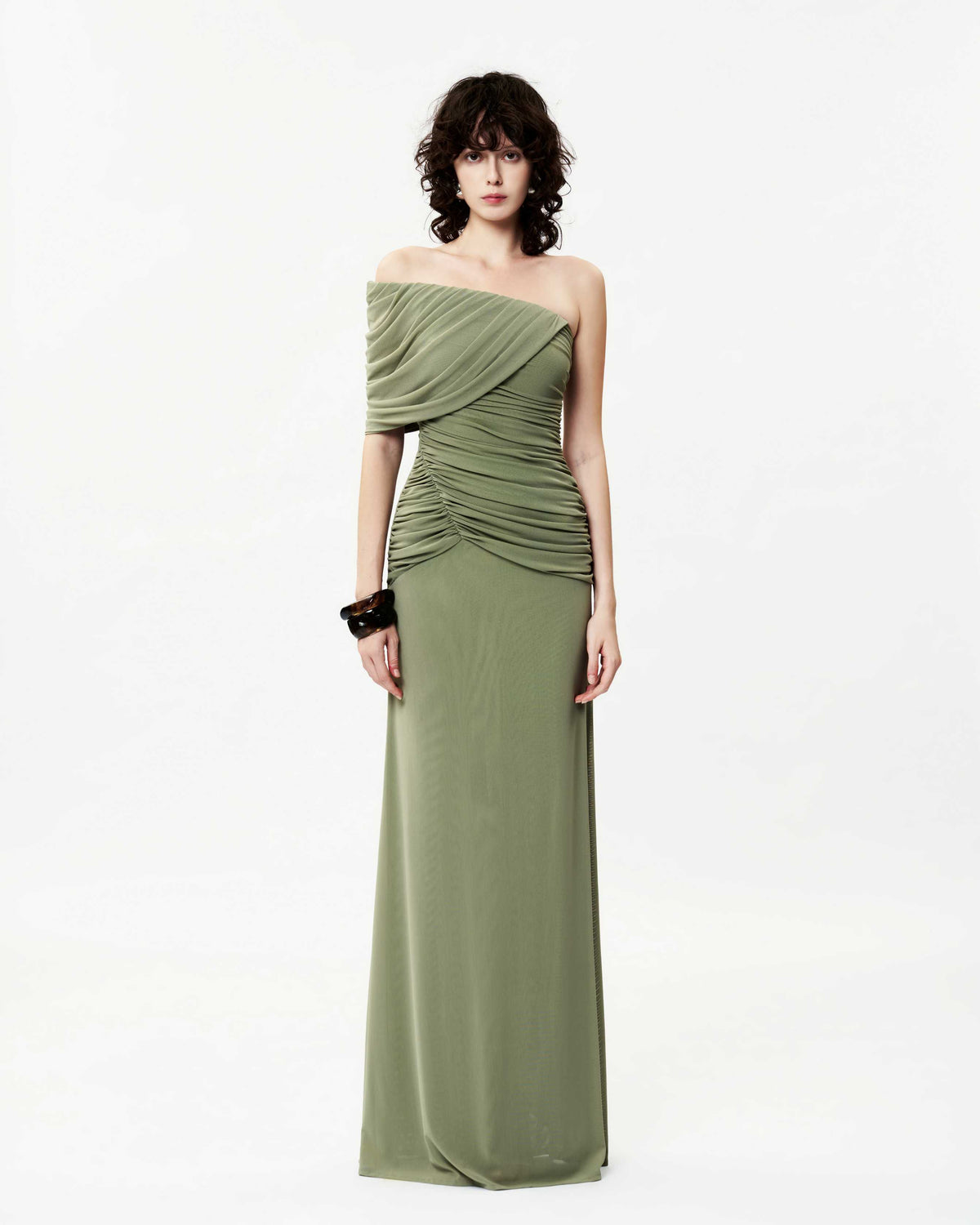One-Shoulder Asymmetric Ruched Pleated Mesh Dress