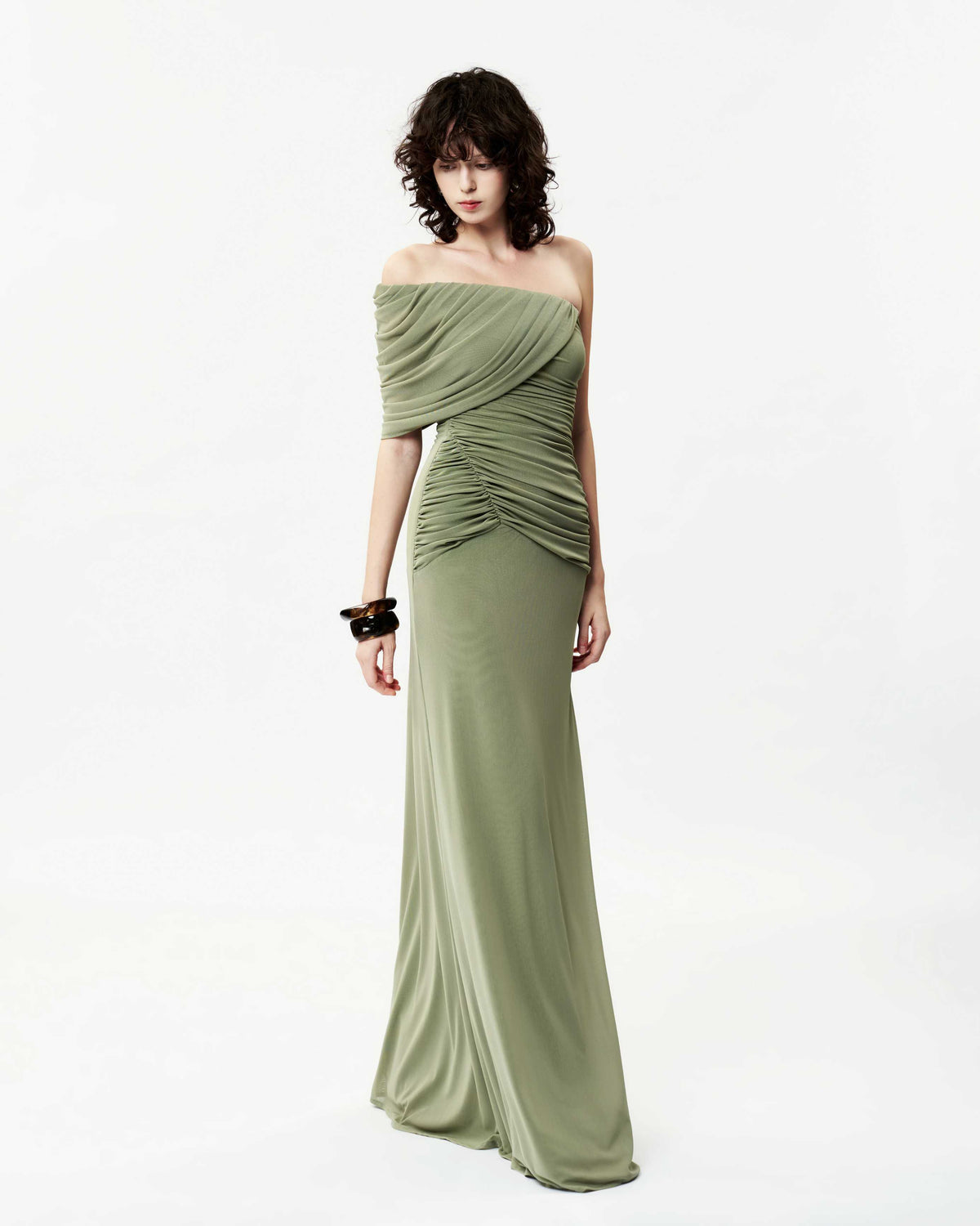 One-Shoulder Asymmetric Ruched Pleated Mesh Dress