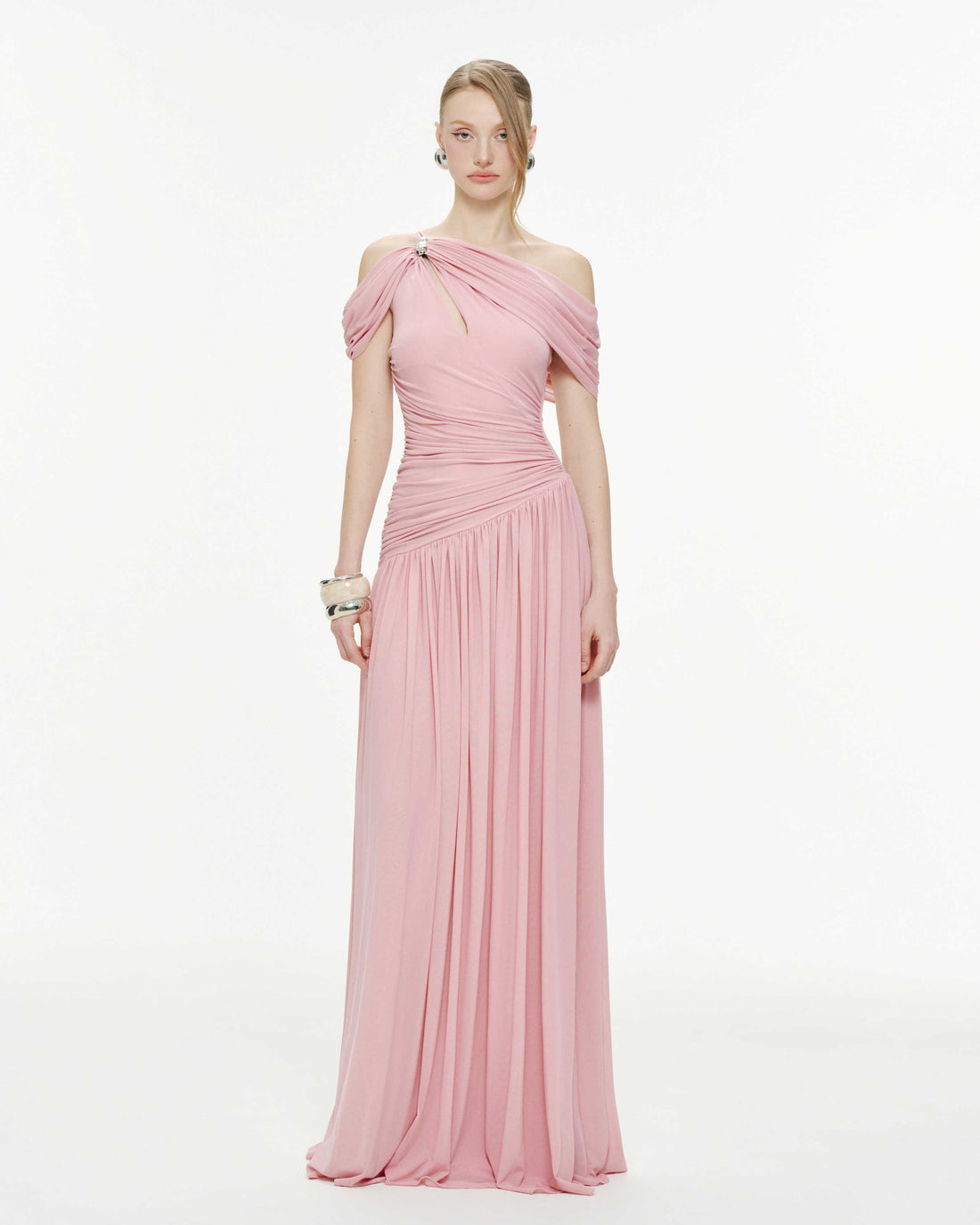 Draped Off-Shoulder Stretch Mesh Dress