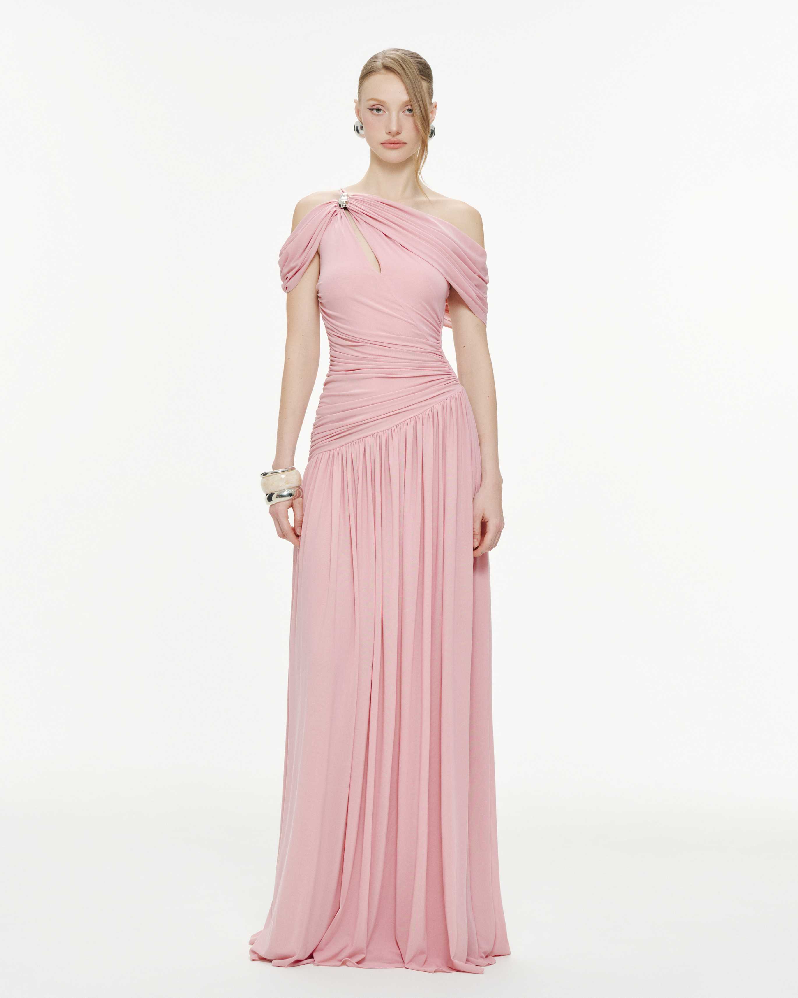Draped Off-Shoulder Stretch Mesh Dress