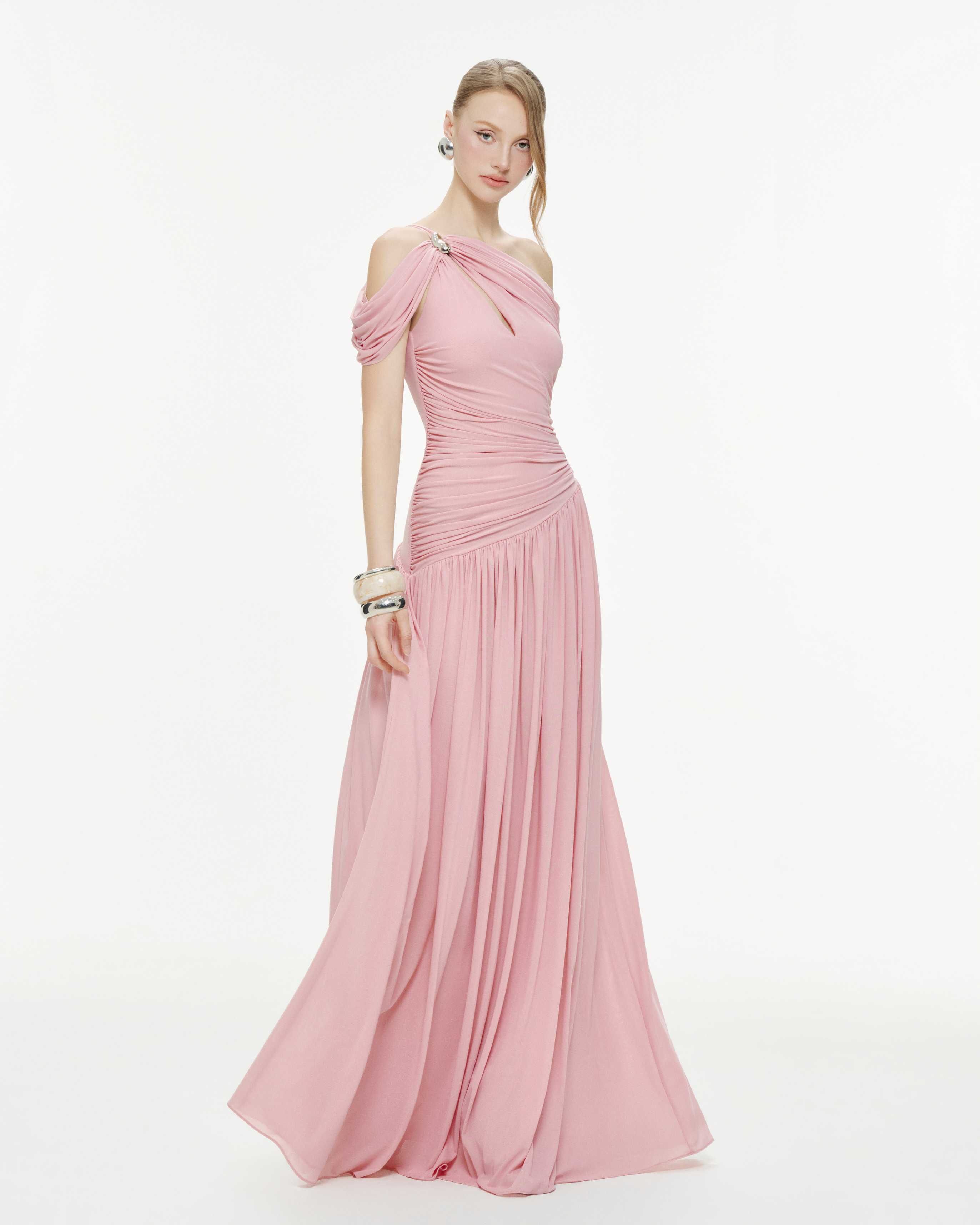 Draped Off-Shoulder Stretch Mesh Dress