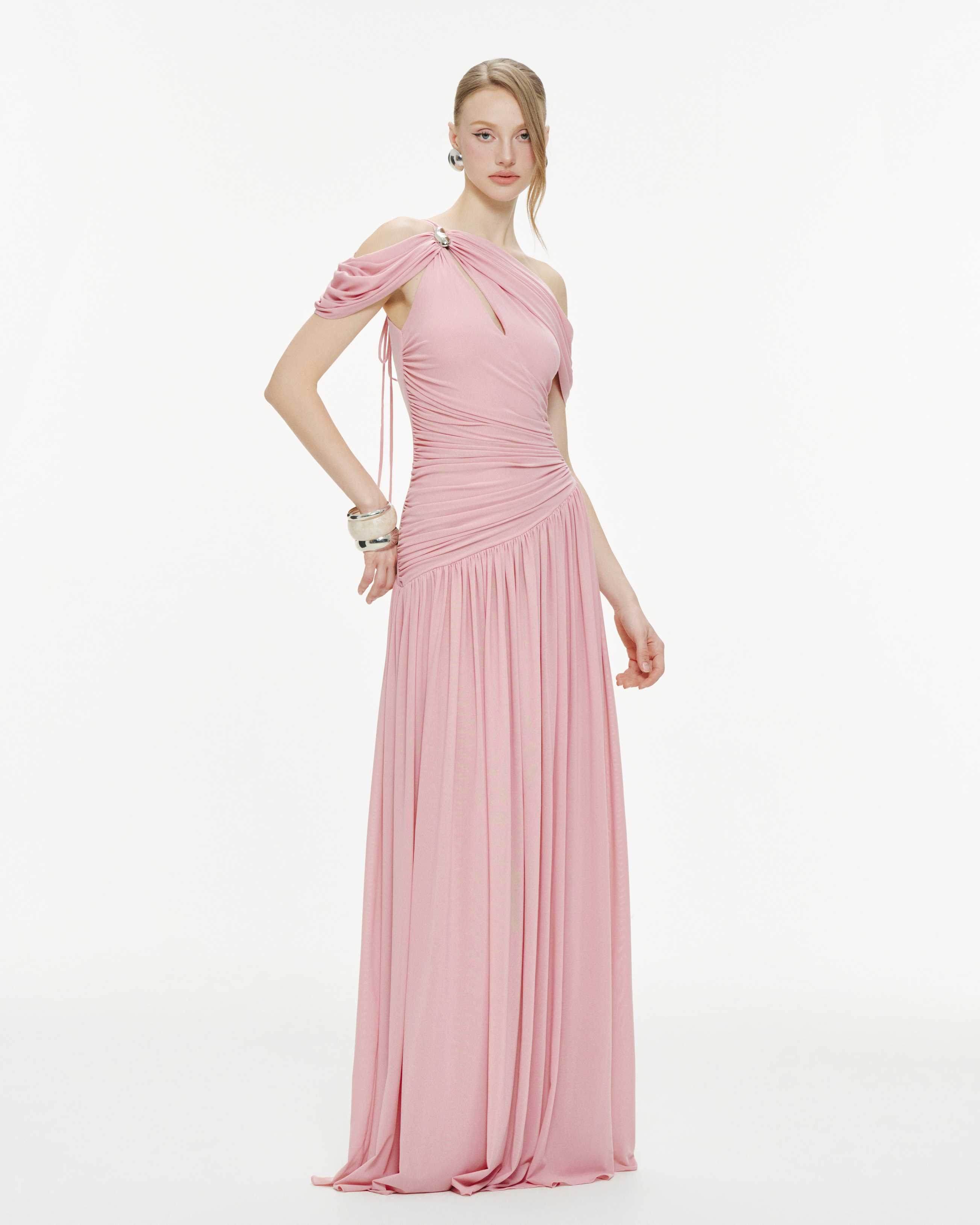 Draped Off-Shoulder Stretch Mesh Dress