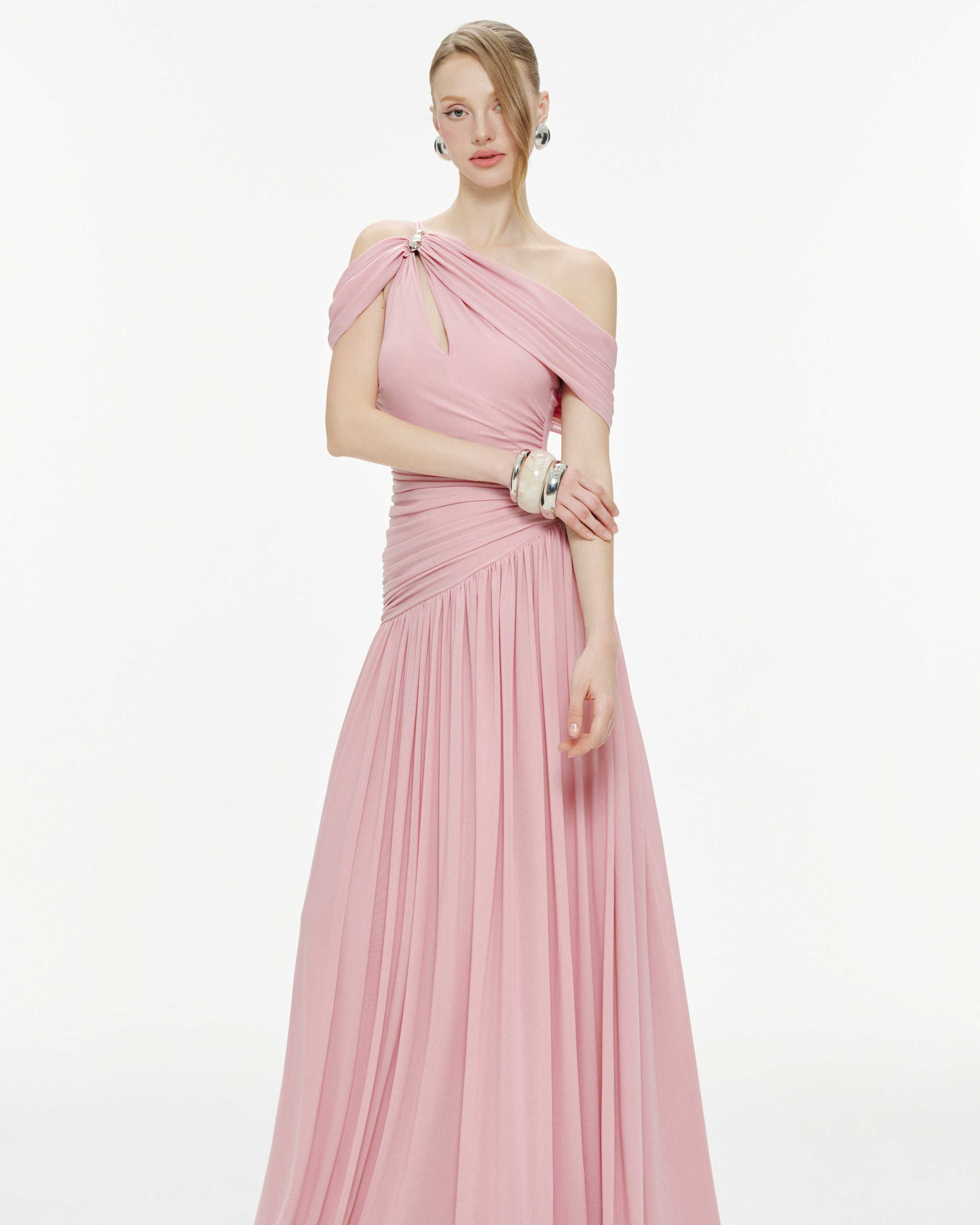 Draped Off-Shoulder Stretch Mesh Dress